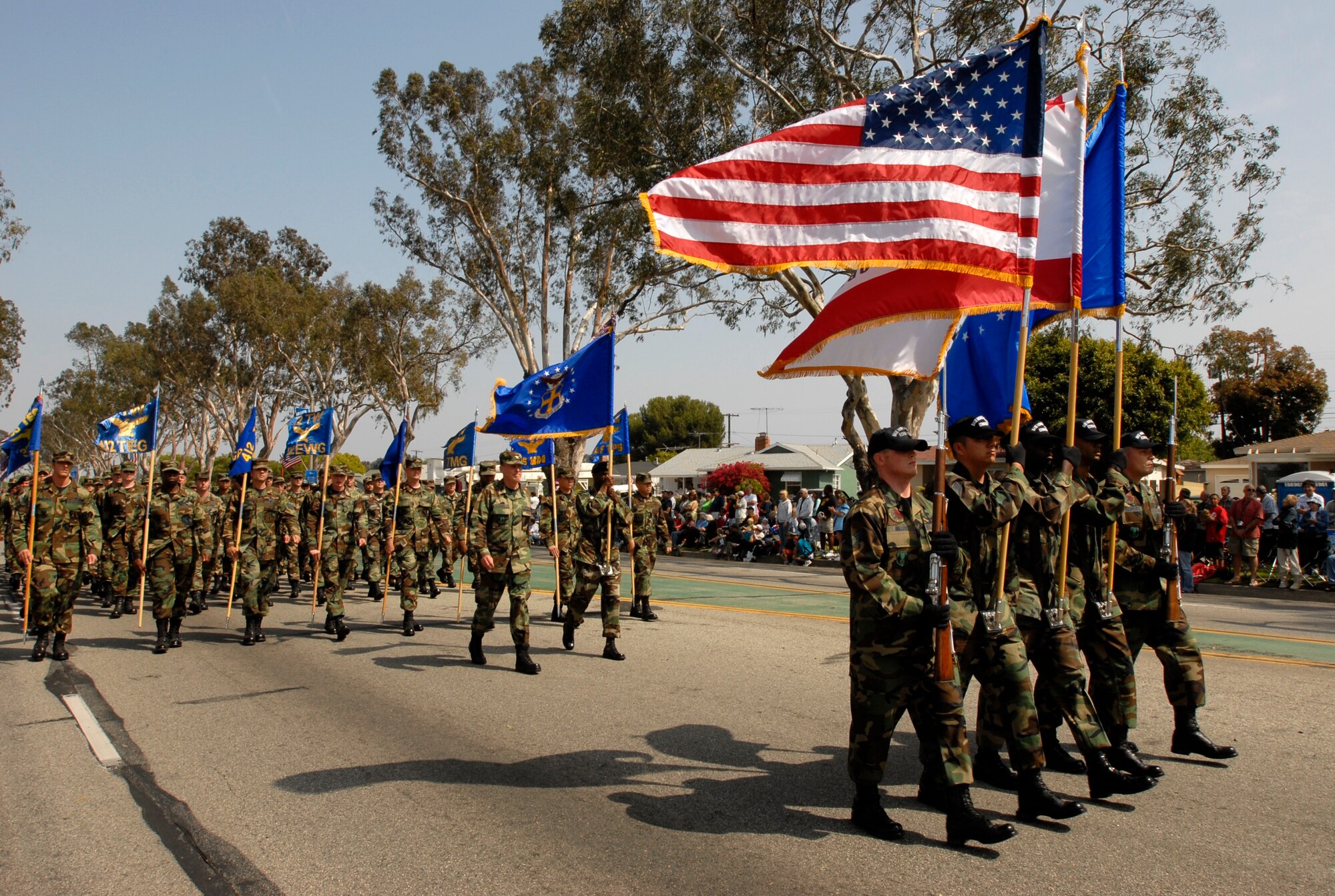 Airmen from Los Angeles Air Force base marching in the 2007 Torrance Armed Forces Day Parade, May 19. Gen. Kevin Chilton, Air Force Space Command commander, served as the Grand Marshal for the parade. A Los Angeles AFB honor guard led the way as Los Angeles, Edwards, and Vandenberg Air Force Bases and March Air Reserve Base marched passed the crowds with a total of more than 300 airmen participating. 
