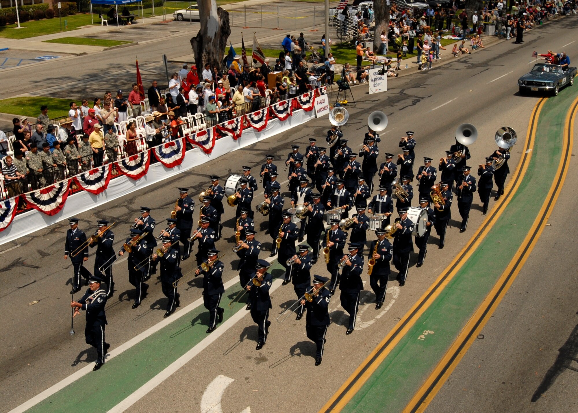 Members of the Band of the Golden West from Travis Air Force Base perform in the 2007 Torrance Armed Forces Day parade, May 19. Gen. Kevin Chilton, Air Force Space Command commander, served as the Grand Marshal for the parade. A Los Angeles AFB honor guard led the way as Los Angeles, Edwards, and Vandenberg Air Force Bases and March Air Reserve Base marched passed the crowds with a total of more than 300 airmen participating. 
