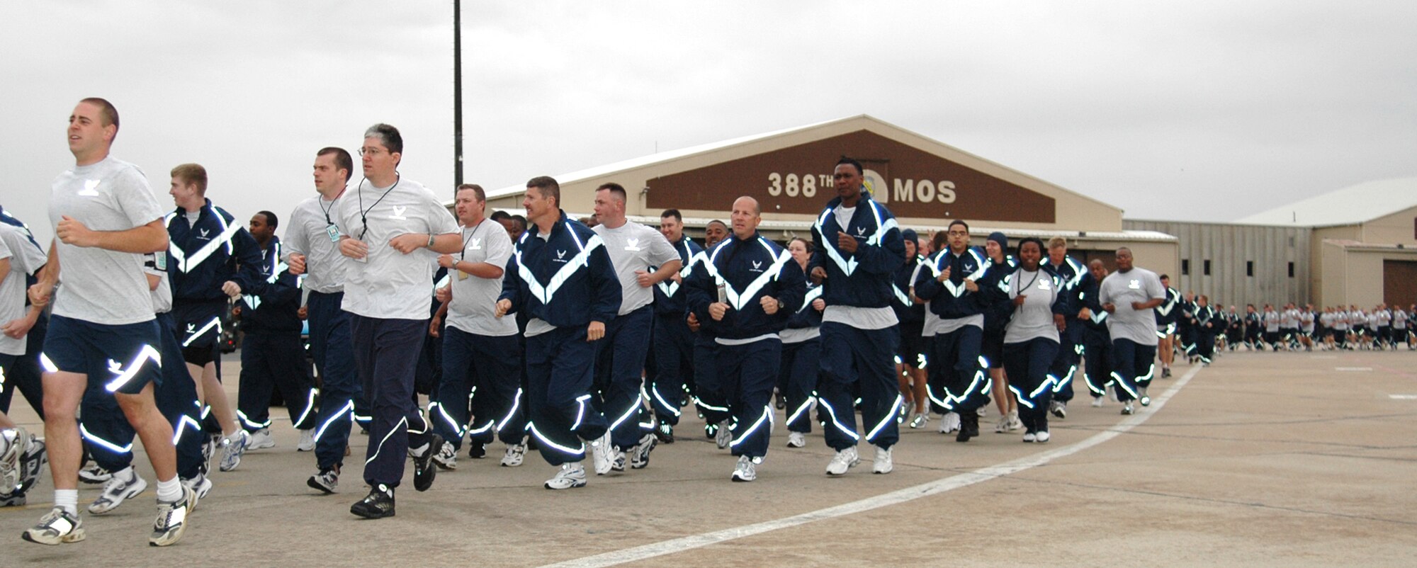 The 388th Fighter Wing participated in a morning 1.5 mile run along the flightline as part of safety day activities May 21. The run builds camaraderie among the wing and promotes fitness during the 101 Critical Days of Summer. (Photo by Senior Airman Stefanie Torres)