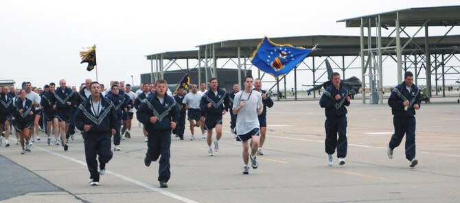 The 388th Fighter Wing participated in a morning 1.5 mile run along the flightline as part of safety day activities May 21. The run builds camaraderie among the wing and promotes fitness during the 101 Critical Days of Summer. (Photo by Senior Airman Stefanie Torres)