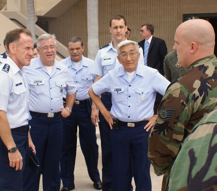 Staff Sgt. Bill Ketelsen, an aircraft armament systems journeyman assigned to the Florida Air National Guard’s Detachment 1, 125th Fighter Wing, briefs Brazilian Air Force Commander Gen. Juniti Saito during a visit to Homestead Air Reserve Base, Fla., May 21.  Gen Saito visited Homestead as part of a five-day tour of Air Force bases in the United States.  During his short stop at Homestead the general received several briefings and toured the alert facility and saw F-15 fighter jets belonging to the Florida Air National Guard’s Detachment 1, 125th Fighter Wing.  The general is the Brazilian counterpart to Gen. T. Michael Moseley, Chief of Staff of the United States Air Force.  General Saito is scheduled to visit the Pentagon during his trip to meet with General Moseley.  The Brazilian Air Force inventory includes about 750 aircraft that are supported by more than 70,000 Airmen.  Also pictured (left to right) are:  Lt. Gen. Norman R. Seip, 12th Air Force Commander, Lt. Gen. Gilberto Antonio Saboya Burner, Vice Chief of Staff of the Brazilian Air Force and Maj. Gen. Paulo Souza, Air Attache, Brazilian Air Force. (U.S. Air Force photo/Jake Shaw)
