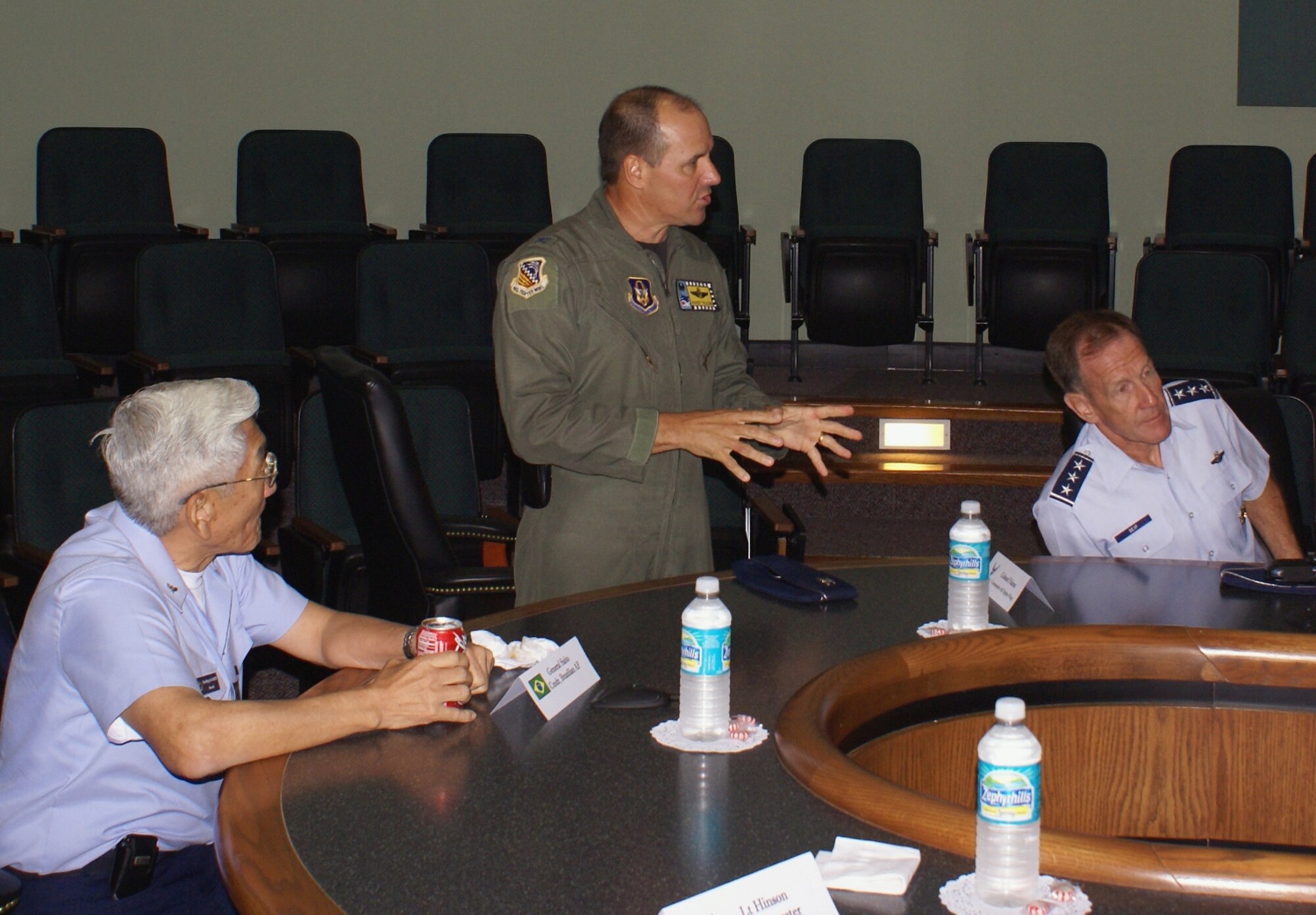 Col. Randy Falcon, 482nd Fighter Wing Commander, briefs Lt. Gen. Norman R. Seip, 12th Air Force Commander, and Gen. Juniti Saito, Commander of the Brazilian Air Force at Homestead Air Reserve Base May 21.  Gen Saito visited Homestead as part of a five-day tour of Air Force bases in the United States.  During his short stop at Homestead the general received several briefings and toured the alert facility and saw F-15 fighter jets belonging to the Florida Air National Guard’s Detachment 1, 125th Fighter Wing.  The general is the Brazilian counterpart to Gen. T. Michael Moseley, Chief of Staff of the United States Air Force.  General Saito is scheduled to visit the Pentagon during his trip to meet with General Moseley.  The Brazilian Air Force inventory includes about 750 aircraft that are supported by more than 70,000 Airmen.  (U.S. Air Force photo/Jake Shaw)