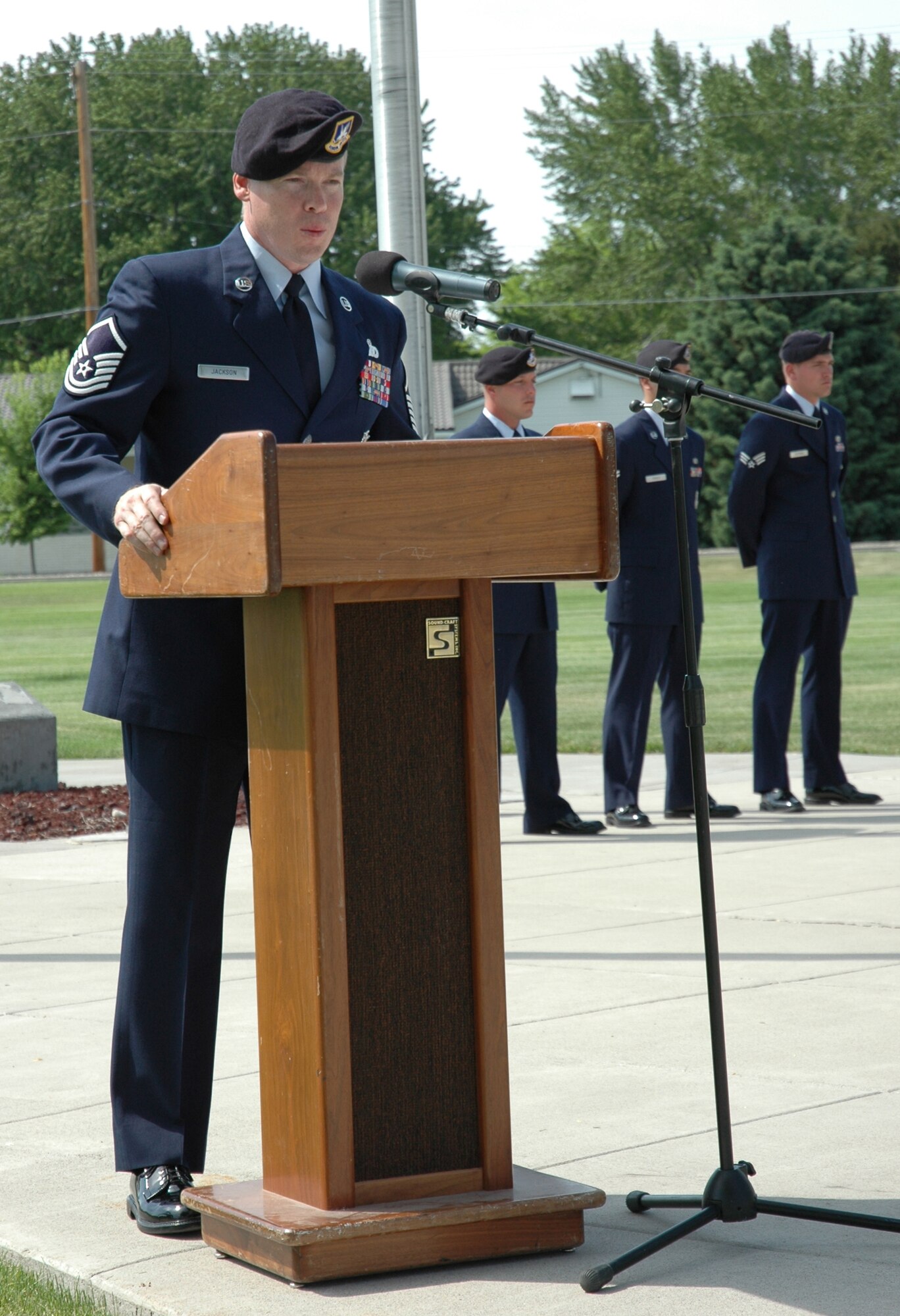 MOUNTAIN HOME AIR FORCE BASE, Idaho -- Master Sgt. John Jackson, 366th Security Forces Squadron, speaks to security forces troops, members of the Mountain Home Police Department and guests during a formal retreat ceremony at Holt Park here May 18. The ceremony concluded the base's National Police Week observance. (U.S. Air Force photo/Airman Samantha S. DeVries)