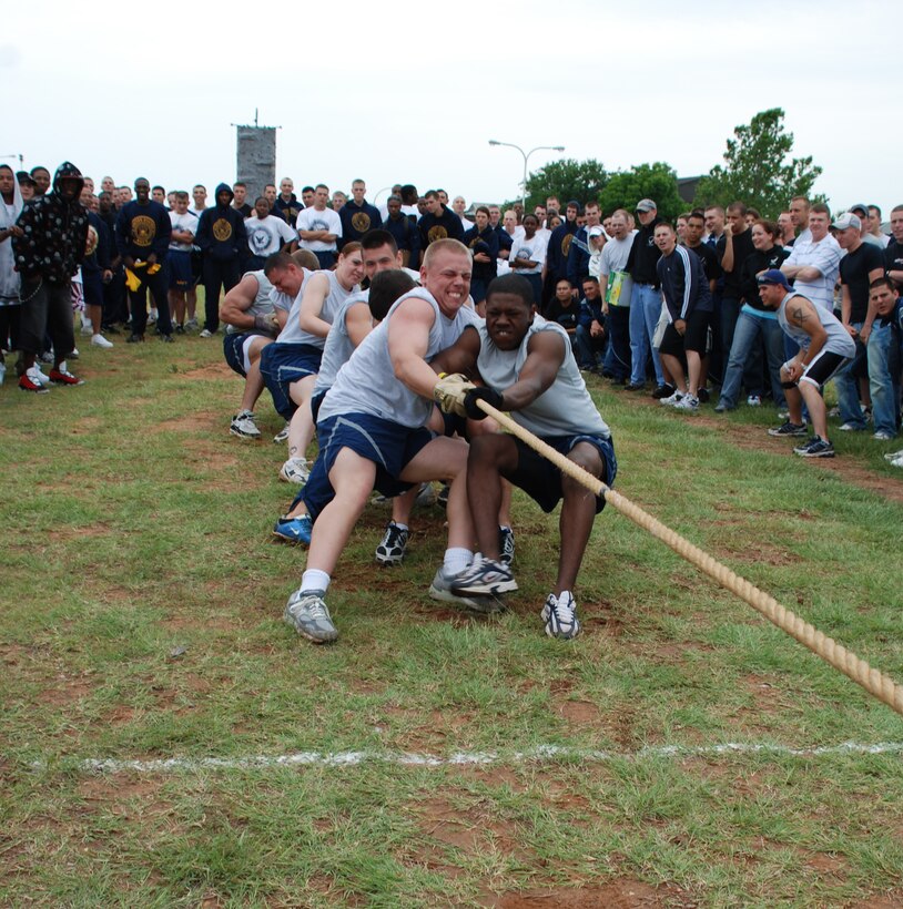 Members of the 362nd Training Squadron's Joint Warrior Challenge team participate in the tug-of-war event May 19. (U.S. Air Force photo/Airman 1st Class Jacob Corbin)