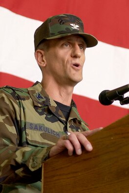 Colonel Timothy "Falcon" Sakulich, the new 8th Mission Support Group commander, speaks to his group and fellow Wolf Pack Airmen for the first time during his change of command ceremony here May 22. During his speech, he said "this MSG is known across the Air Force as the sought after crucible of experience that forges America?s best Airmen." He was last assigned as director, programs and resources, Headquarters U.S. Southern Command, Miami, Fla.  (U.S. Air Force photo/Staff Sgt. Darcy Ibidapo)
