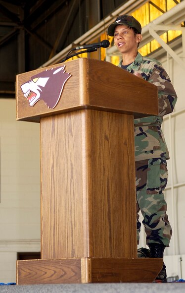 Colonel Mona Lisa Tucker, former 8th Mission Support Group commander, speaks to her group and fellow Wolf Pack members one last time during the change of command ceremony here May 22. The colonel thanked the group for all their accomplishments of the last year stating "this has been a great year. I have been nothing but truly blessed." She continues her career as the vice wing commander, Tinker Air Force Base, Okla. (U.S. Air Force photo/ Staff Sgt. Darcy Ibidapo) 