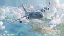 "Waikiki Sunrise," by Keith Ferris, is a tribute to 'The Spirit of Hawaii Ke Aloha,' the first C-17 in Hickam's fleet. The painting is the most recent of Ferris's 59 contributions to the Air Force Art Collection. (Courtesy image)
