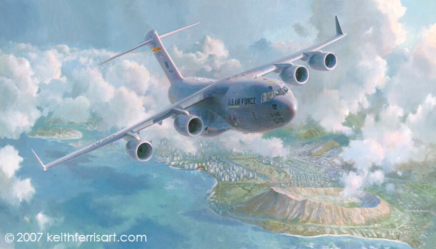 "Waikiki Sunrise," by Keith Ferris, is a tribute to 'The Spirit of Hawaii Ke Aloha,' the first C-17 in Hickam's fleet. The painting is the most recent of Ferris's 59 contributions to the Air Force Art Collection. (Courtesy image)
