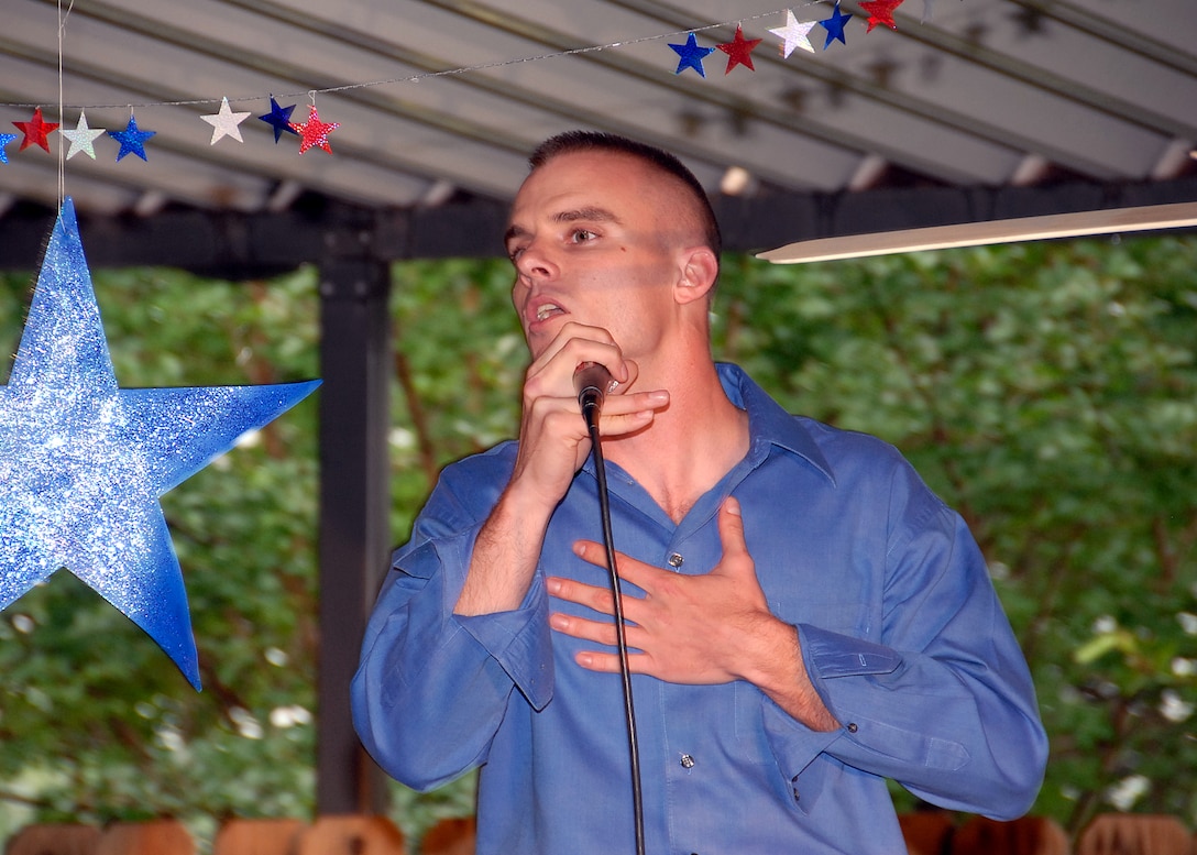 Staff Sgt. Patrick Martin of the 882nd Training Support Squadron performs as one of the five finalists in the Sheppard Idol competition at the Sheppard Club May 18. (U.S. Air Force photo/Mike Litteken)