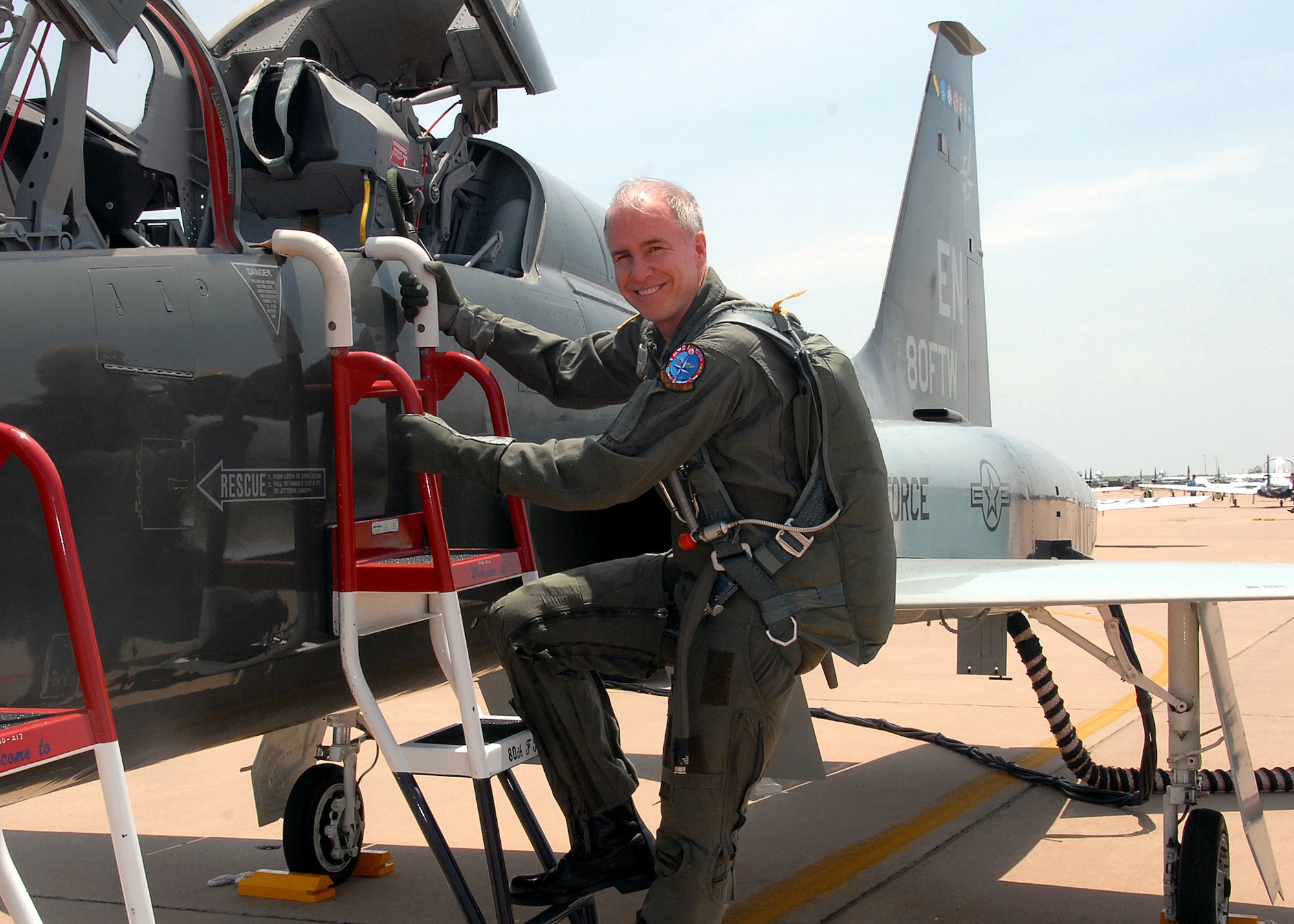 82nd Training Wing Commander Brig. Gen. Richard Devereaux climbs into a T-38 Talon May 17. The general used the flight to familiarize himself with the 'C' model's new glass cockpit design. (U.S. Air Force photo/Mike Litteken)