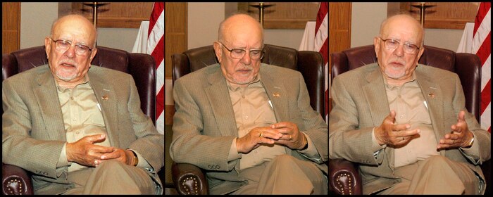 Pincus Kolender, a holocaust survivor, spoke of his experience during the Holocaust Remembrance Service at the base chapel May 22. (Air Force photos/Staff Sgt. Marie Cassetty)