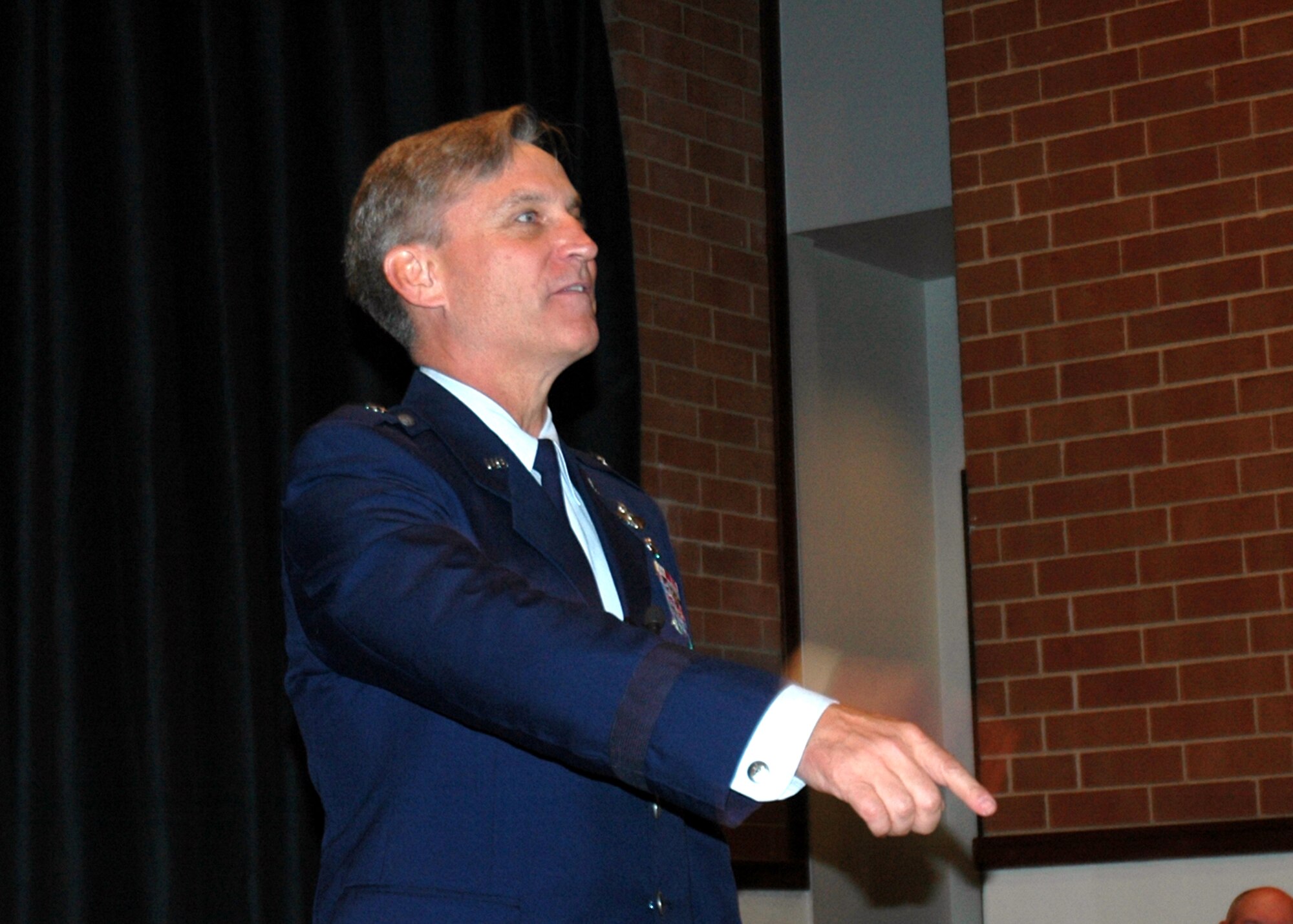 Brig. Gen. Kip Self, U.S. Air Force Expeditionary Center Commander, talks to the audience in attendance for the USAF EC change of command ceremony May 23, 2007, inside the Center's Grace Peterson Hall on Fort Dix, N.J.  General Self took over command of the Center from Maj. Gen. Scott Gray who moves on to a new job at the Pentagon.  (U.S. Air Force Photo/Tech. Sgt. Malinda Julian) 