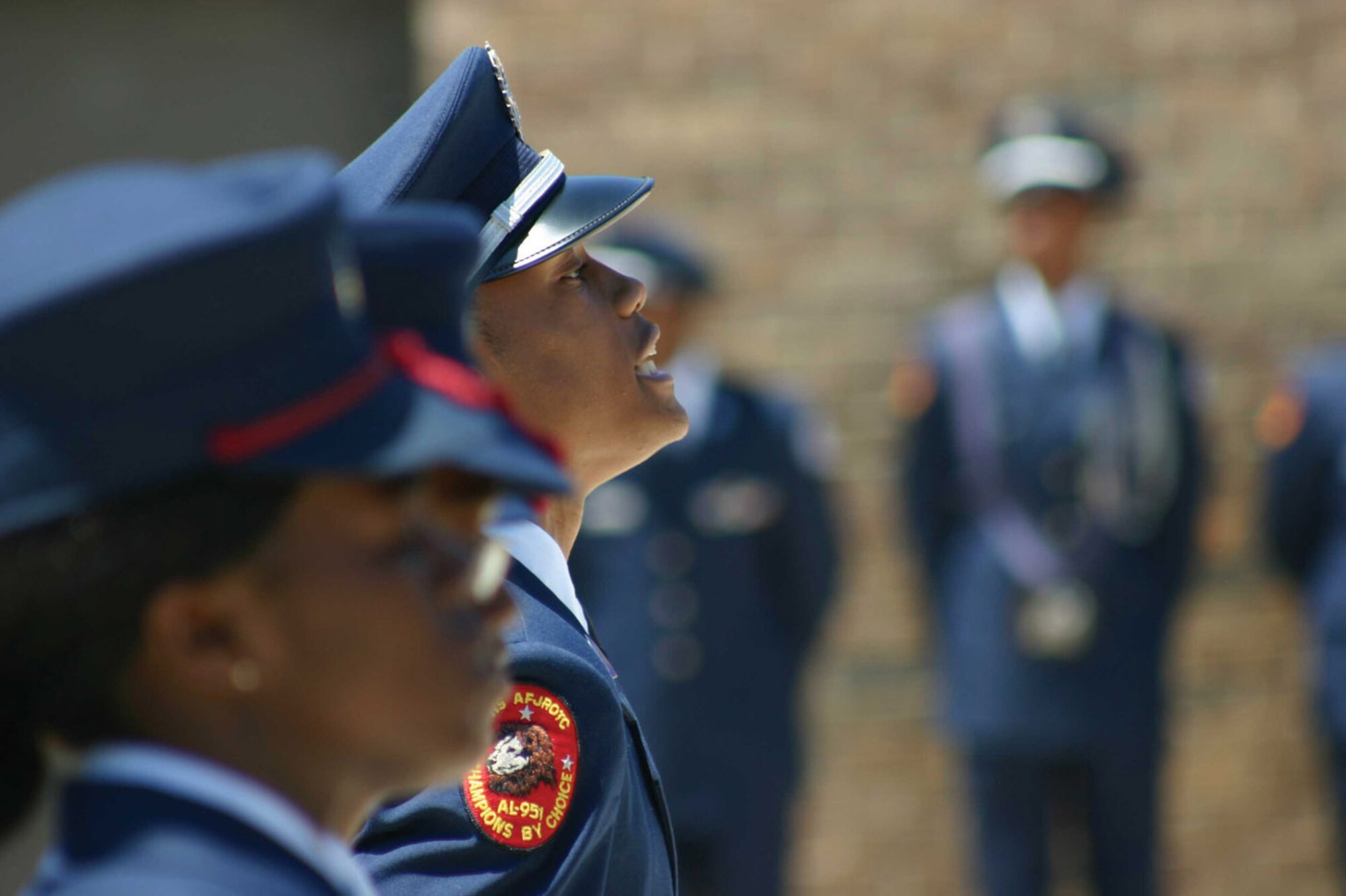 Cadet Antonio Thompson, from Prattville High School’s Junior ROTC unit AL-951, calls cadence as his column of cadets march in a drill demonstration April 30. Members of the Air Force Officer Accession and Training Schools staff participated in various activities earlier this month highlighting all echelons of the organization. (U.S. Air Force photo by Staff Sgt. Jason Lake)  