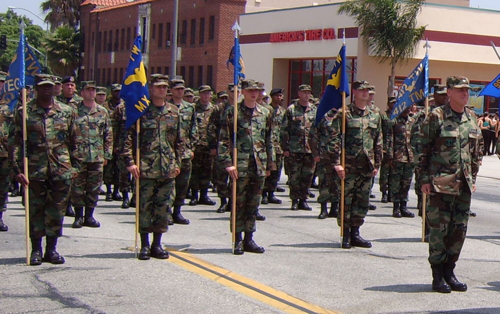 Team Edwards Airmen stand at attention prior to marching during the 48th Annual City of Torrance Armed Forces Day Parade and Celebration on May 19. (Photo by Senior Master Sgt. Michael Fowler)