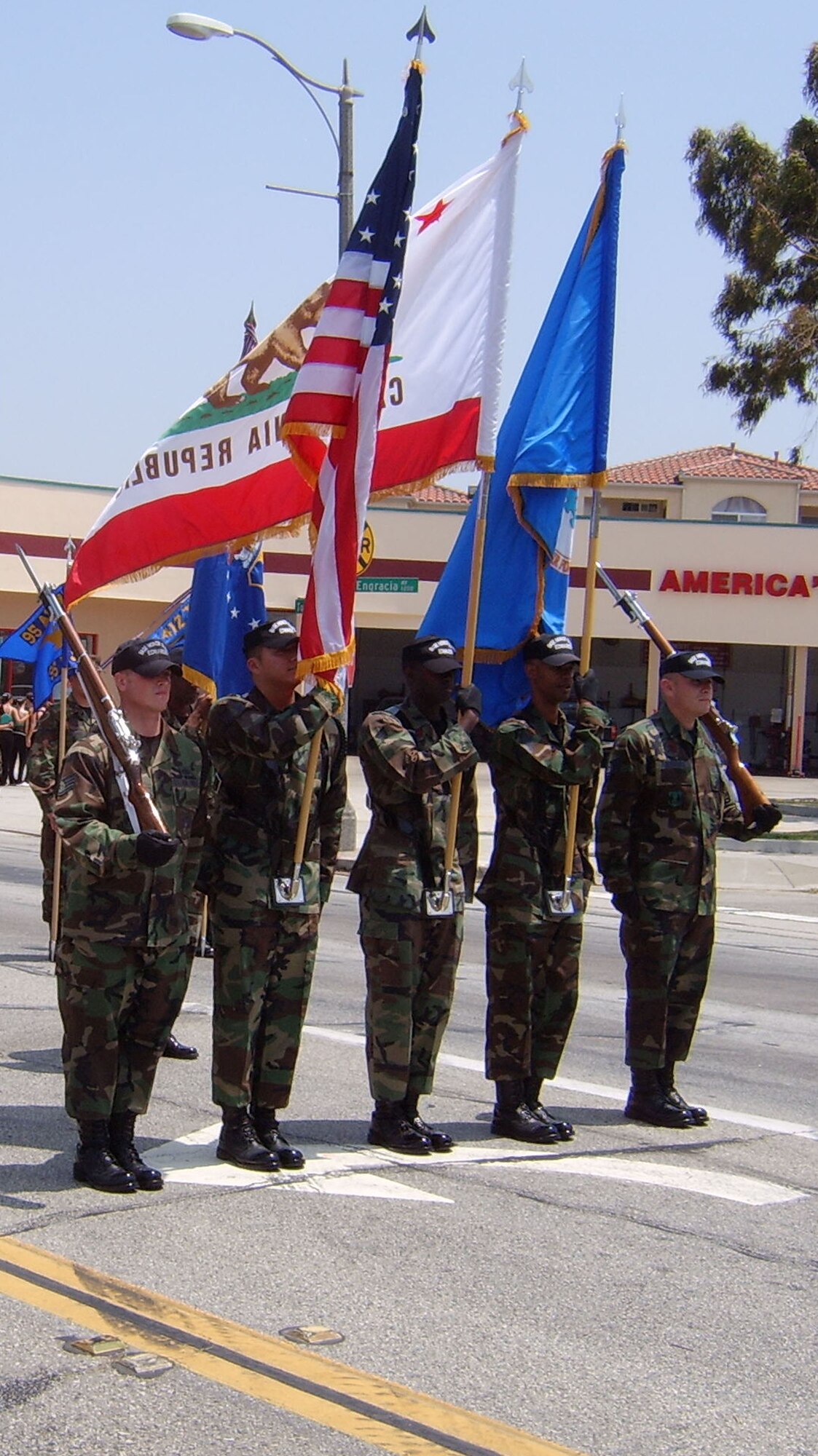 The Blue Eagles Honor Guard leads Team Edwards' contingent for the 48th Annual City of Torrance Armed Forces Day Parade and Celebration on May 19. (Photo by Senior Master Sgt. Michael Fowler)