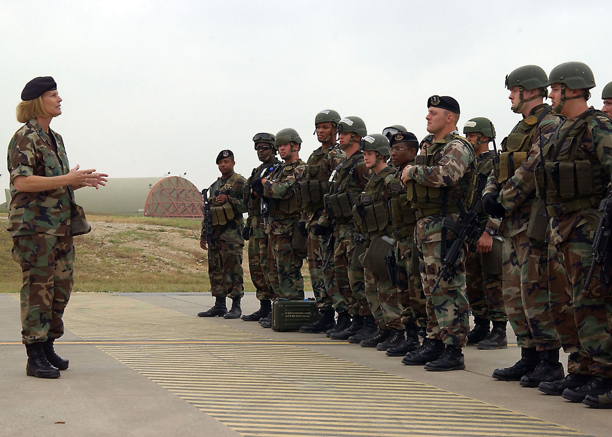 Brig. Gen. Mary Kay Hertog, Air Force Security Forces director, visits with security forces Airmen from the 39th Air Base Wing Emergency Services Team May 18 during a tour of Incirlik Air Base. The EST demonstrated the capability to respond to both a vehicle and aircraft recapture scenario during General Hertog’s visit. (U.S. Air Force photo by Technical Sergeant Patrick Hyde)
