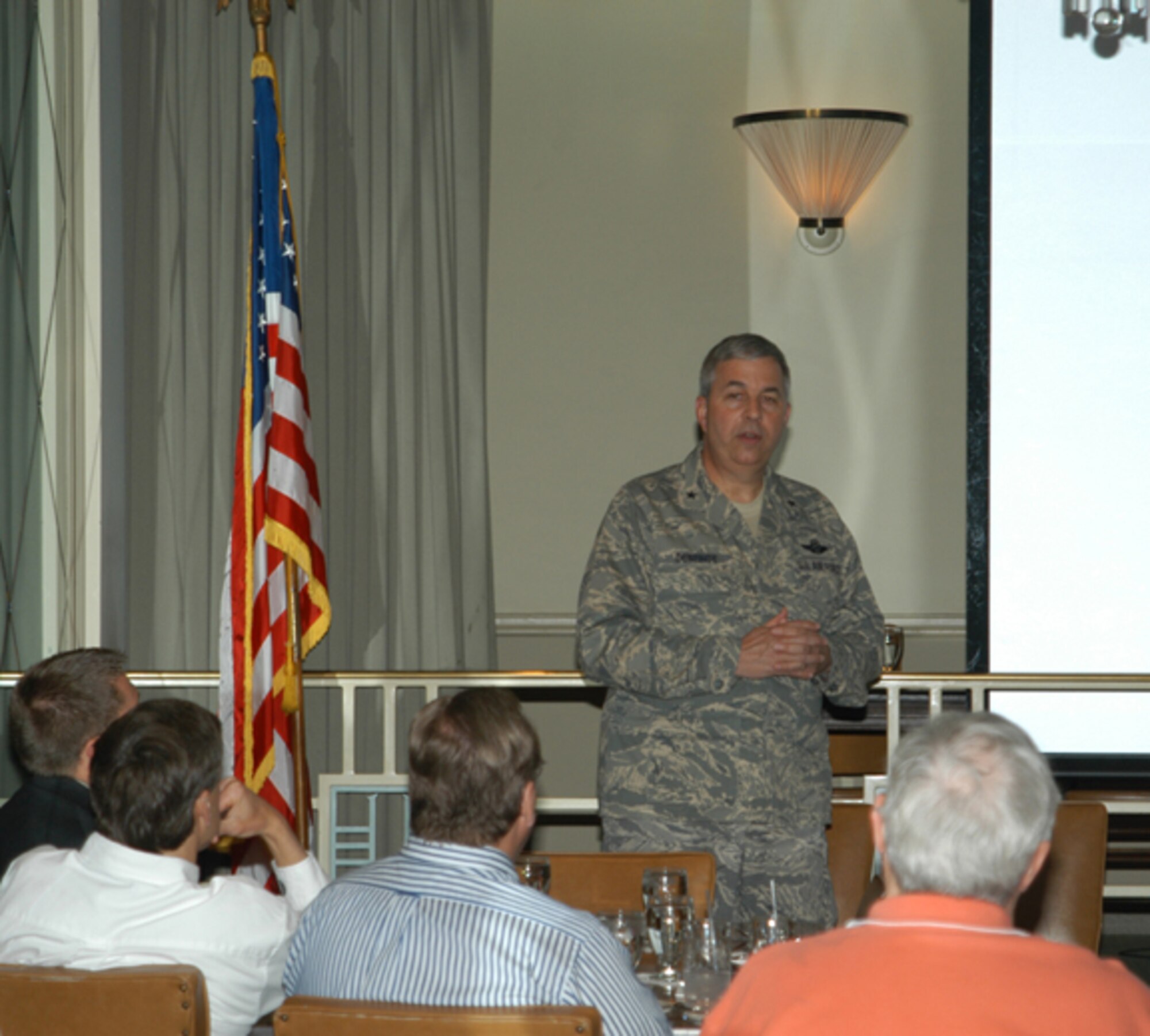 GRISSOM AIR RESERVE BASE, Ind --  Brig. Gen. Dean J. Despinoy, 434th Air Refueling Wing Commander, speaks to members of the Wabash Kiwanis Club on May 22 at the Honeywell Center in Wabash, Ind.  During the presentation, General Despinoy informed the club members on the mission of the 434th ARW and the impact Grissom Air Reserve Base has on the local area.  (U.S. Air Force photo/Lt. Col. Gary Lockard)