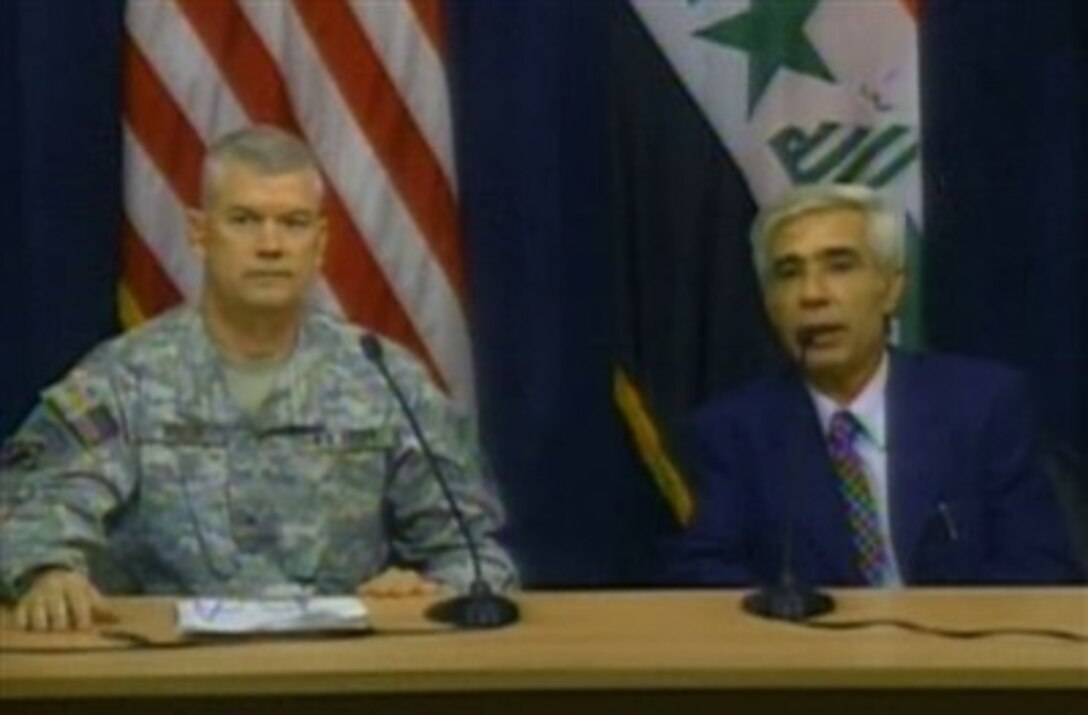 Brig. Gen. Michael Walsh, commanding general, Gulf Region Division, U.S. Army Corps of Engineers, and Dr. Quraish Alkasir, advisor to Iraqi Deputy Prime Minister and President of Society of Iraqi Surgeons, speak with Pentagon reporters via satellite about Iraqi health care issues, May 23, 2007.  