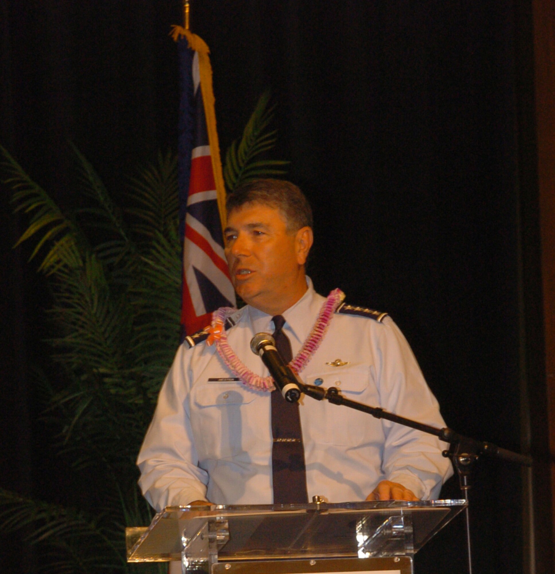 HONOLULU, Hawaii -- Pacific Air Forces commander, General Paul V. Hester addresses members from each branch of service and local community, during the 22nd annual Military Recognition Luncheon at the Hilton Hawaiian Village, Honolulu.  General Hester stressed the great impact local community support has on mission sucess, and the importance of observing Memorial Day.  (Air Force photo by Angela Elbern)