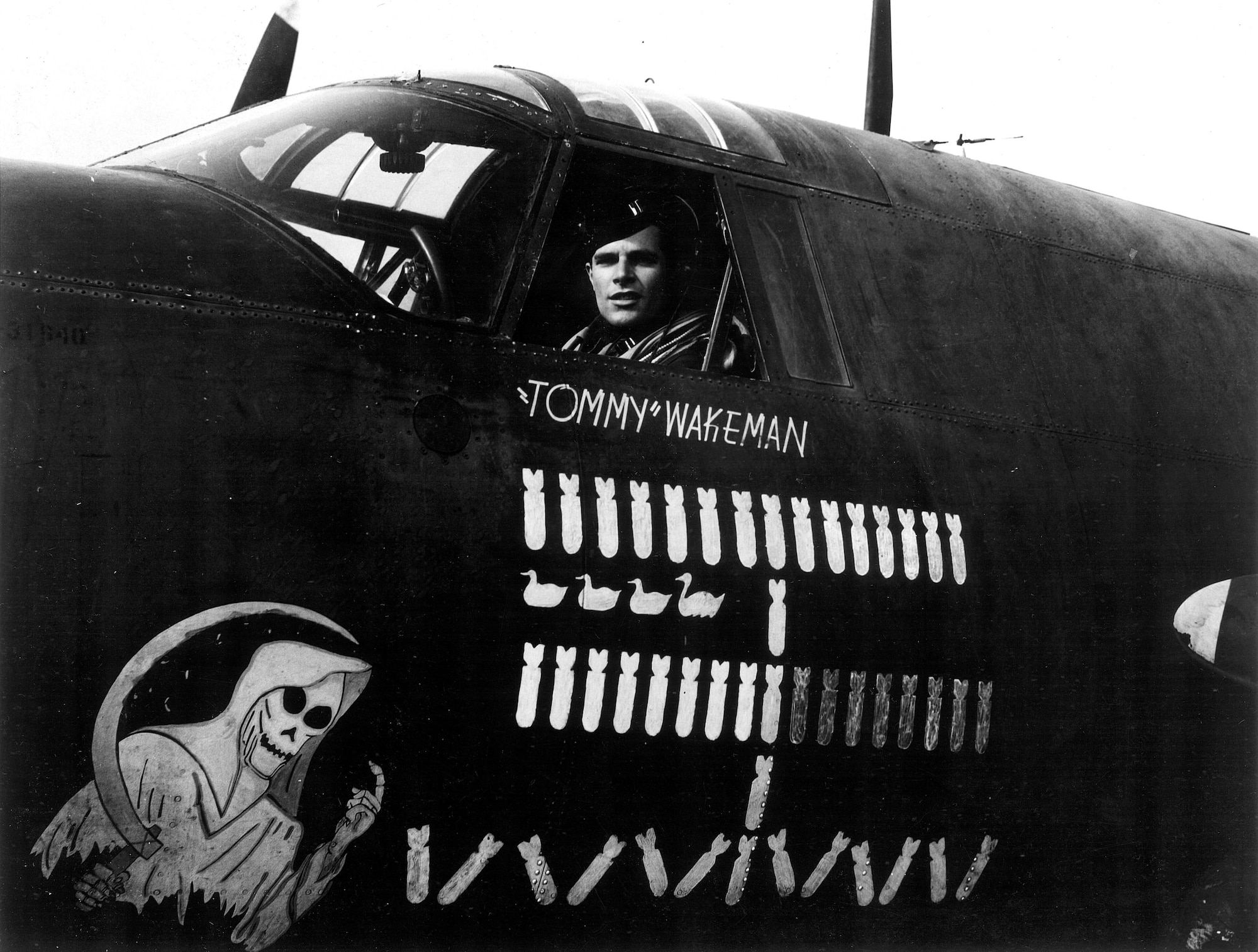 Capt. Thomas "Tommy" Wakeman poses in the cockpit of his B-26 Bomber, the "Grim Reaper," during his tour in Germany in 1944. Captain Wakeman was a World War II veteran and B-26 Marauder pilot for the Army Air Forces. (Courtesy photo)