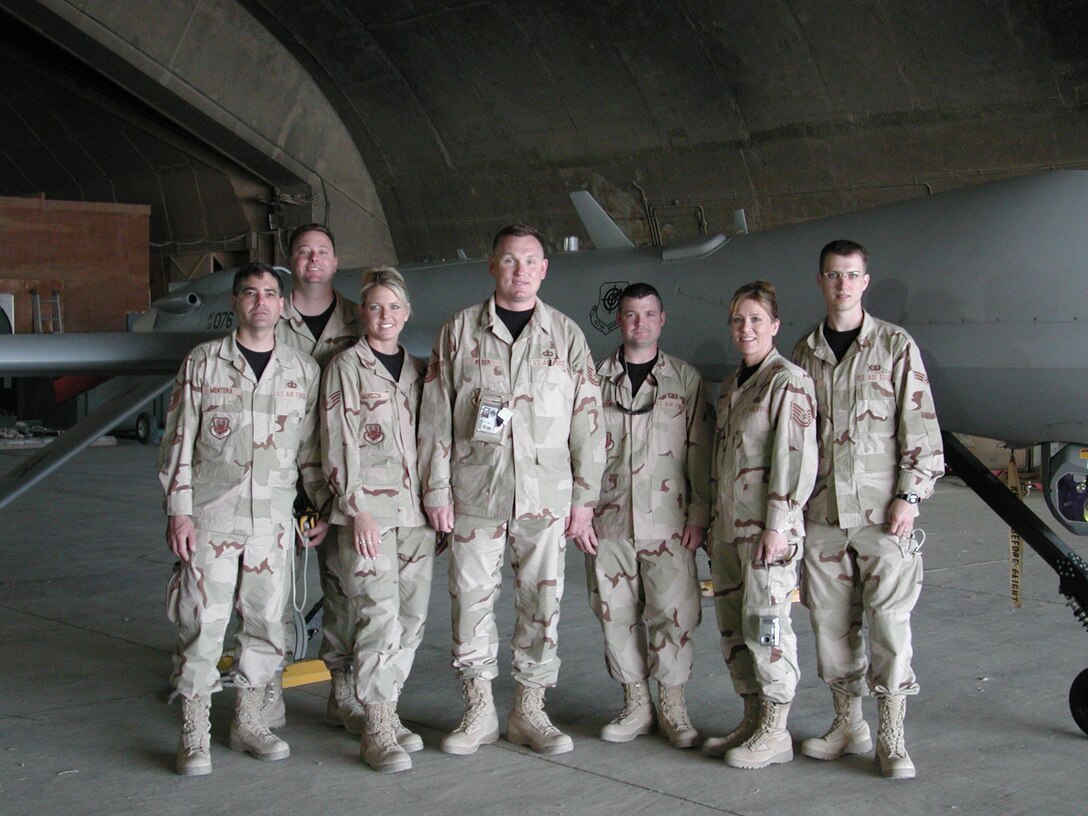 Night Wing, part of the USAF Heartland of America Band, deployed to locations throughout the Middle East in 2006. Deployed members are (left to right): Master Sergeant Doug Montera, Master Sergeant Doug Huggins, Staff Sergeant Lara Murdzia, Master Sergeant Jimmy Weber, Staff Sergeant Dan Bragdon, Technical Sergeant Lori Weber, Senior Airman Clint Whitney.