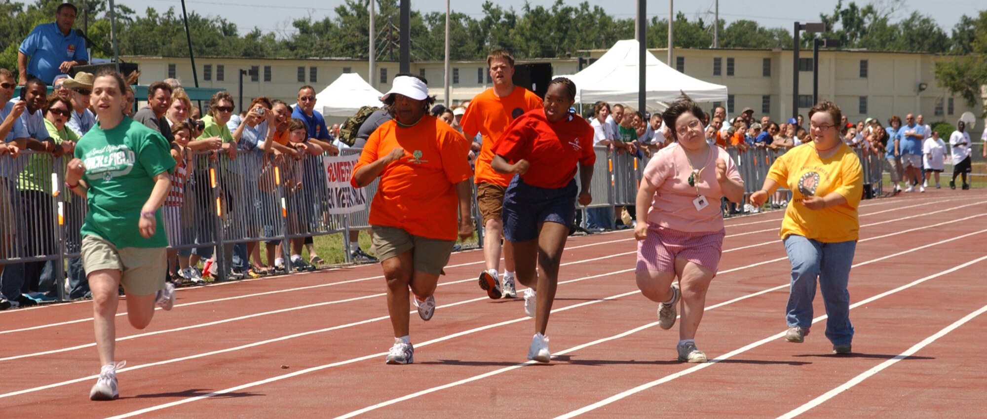 Athletes Melissa Thomas, Rickeya McCoy, Lawson Christopher, Marquitta Moore, Angela Raney and Lacey Pierce, Area 10, sprint toward the finish line in the 50-meter-dash Saturday at the Triangle track.  (U. S. Air Force Photo by Kemberly Groue)