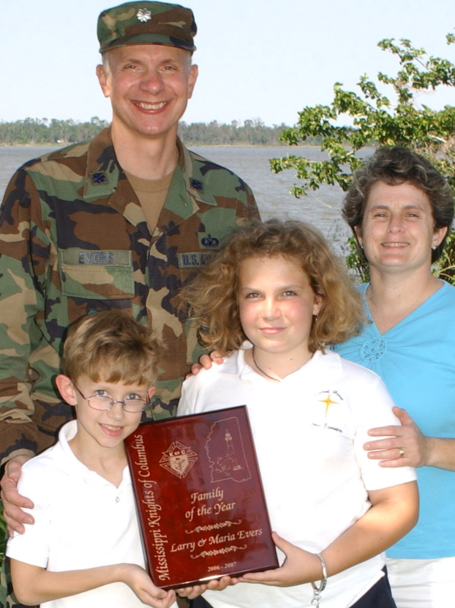 The Evers family was honored as the Mississippi Knights of Columbus Family of the Year at the group’s annual convention in Biloxi April 28.  The Catholic fraternal group has 59 councils and more than 6,300 members across the state.  Lt. Col. Larry Evers, 81st Operations Support Flight commander, and his wife, Maria, have two children, Kait-lin, 10, and Andrew, 7.  Colonel Evers was Knight of the Year for Council 9094 at Sacred Heart Parish in D’Iberville, and the children attend Sacred Heart Elementary School.  The family has been involved in fundraising to rebuild the church and school damaged by Hurricane Katrina, as well as parish worship, religious education, Girl and Cub Scouts and youth sports.  (U.S. Air Force photo by Kemberly Groue)
