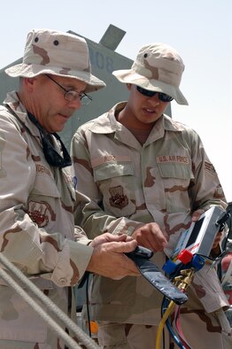 Staff Sgt. John Anderson and Senior Airman Solomon Ruiz, both with the 71st Expeditionary Air Control Squadron, fix the air conditioning levels at the Control and Reporting Center on “dirt road.” There are eight CRC’s in the total force. They are currently participating in Operation Iraqi Freedom, Operation Enduring Freedom and in the United States. Considered to be a high density, low-demand asset, these units can take their systems and equipment and set up in a bare-base location anywhere in the world within 24 hours.