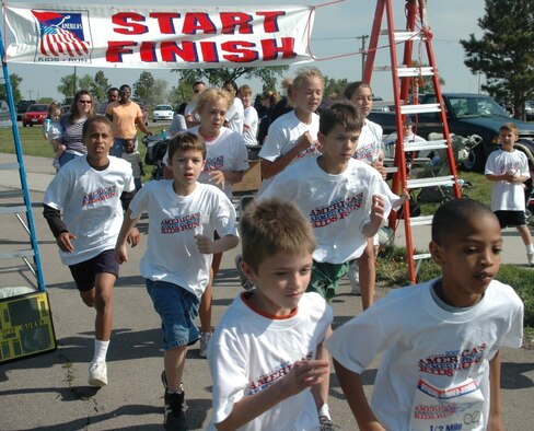 Children ages 5 through 13 start their portion of the Americas Kids Run held at the Heritage Lake track May 19. More than 30 children participated in this years event. (U.S. Air Force photo/Tech. Sgt. Todd Wivell)