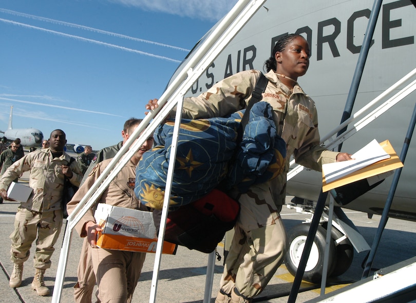 2nd Lt. Kimberly Grisson boards a KC-135 for a 19th ARG deployment to Qatar. U. S. Air Force file photo by Sue Sapp  