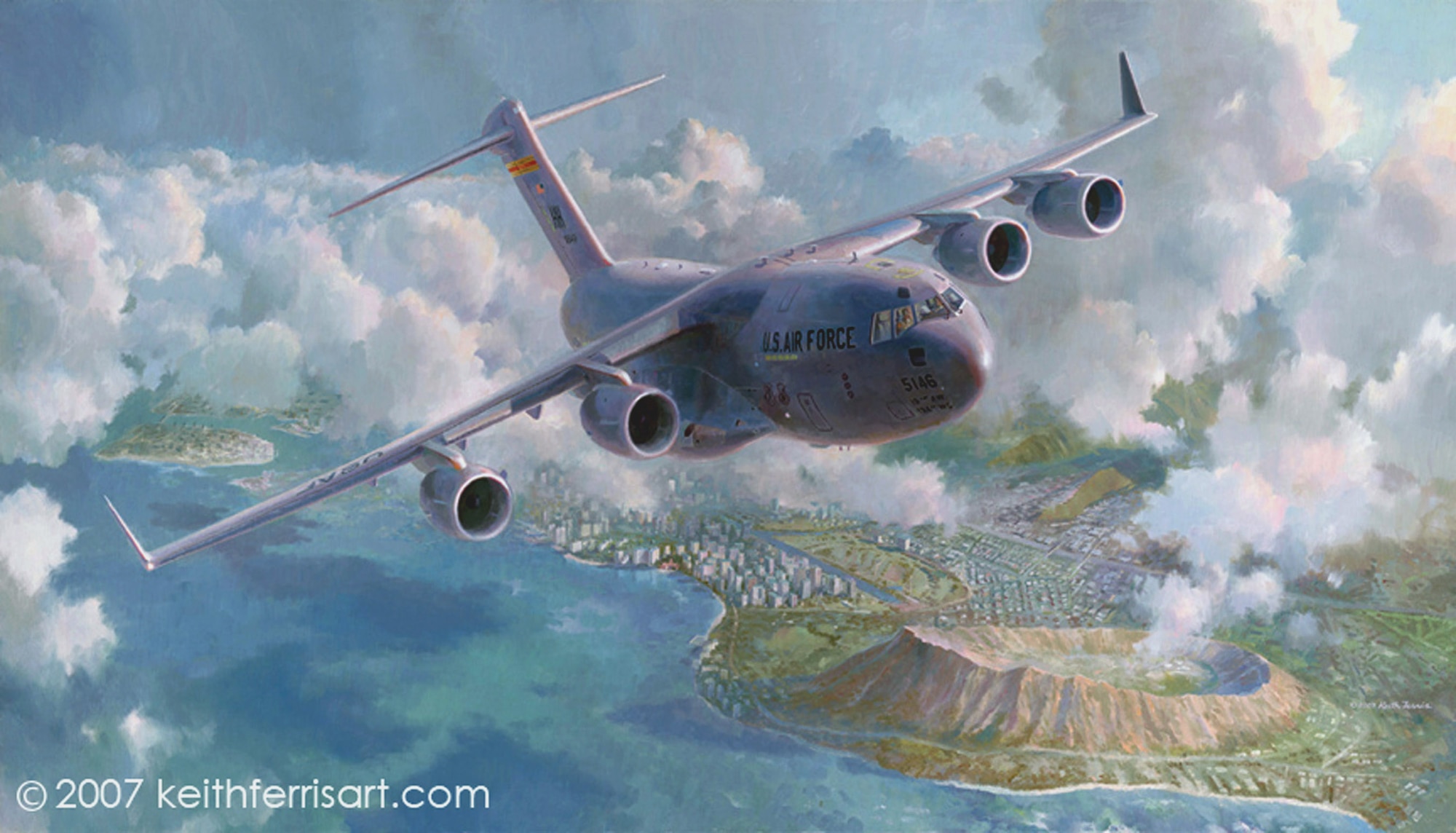Artist Keith Ferris created  "Waikiki Sunrise," to depict a new era in airlift for the Pacific -- the first C-17 Globemaster III squadron based outside the continental United States. This is Mr. Ferris' 59th contribution to the Air Force Art Collection over the course of 46 years. The painting will be kept on permanent display in the Pacific Air Force headquarters building at Hickam Air Force Base, Hawaii. (U.S. Air Force photo)