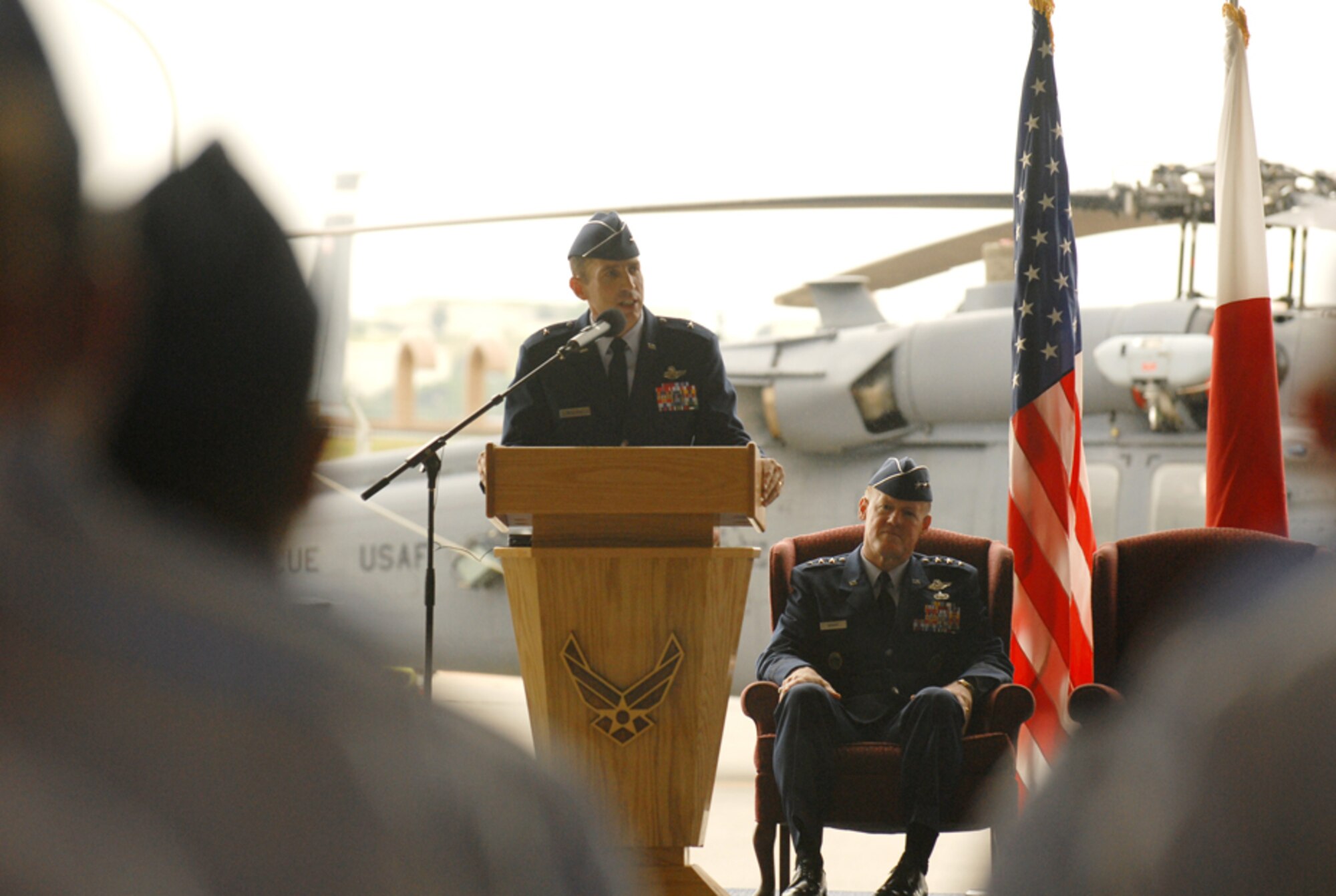 Brig. Gen. Brett T. Williams gives a speech during a change of command ceremony May 24, at Kadena Air Base, Okinawa. General Williams assumed command of the 18th Wing from Brig. Gen. Punch Moulton during the ceremony.
(U.S. Air Force/Staff Sgt. Reynaldo Ramon)