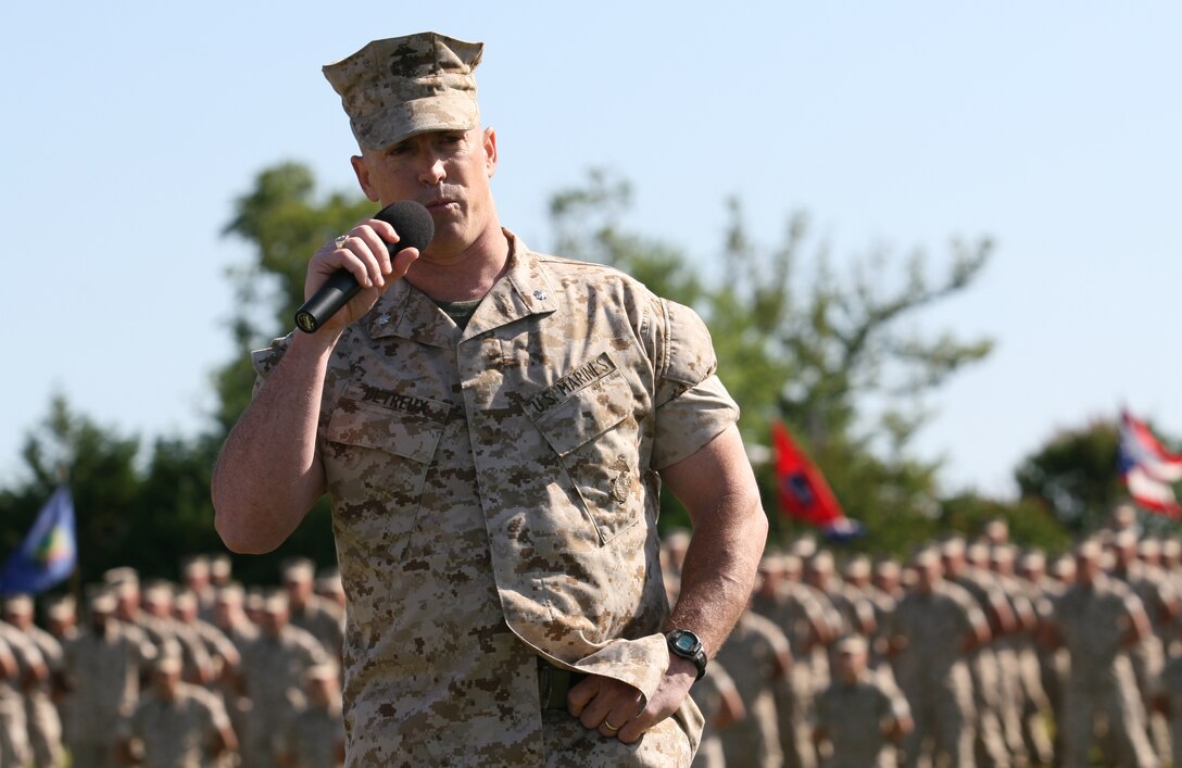Lt. Col. Kenneth M. DeTreux addresses the crowd after relinquishing command of 2nd Battalion, 8th Marine Regiment, 2nd Marine Division, to Lt. Col. Jay M. Bargeron in a change of command ceremony here, May 24. DeTreux, a Temple University graduate, assumed command of the unit in November 2005.