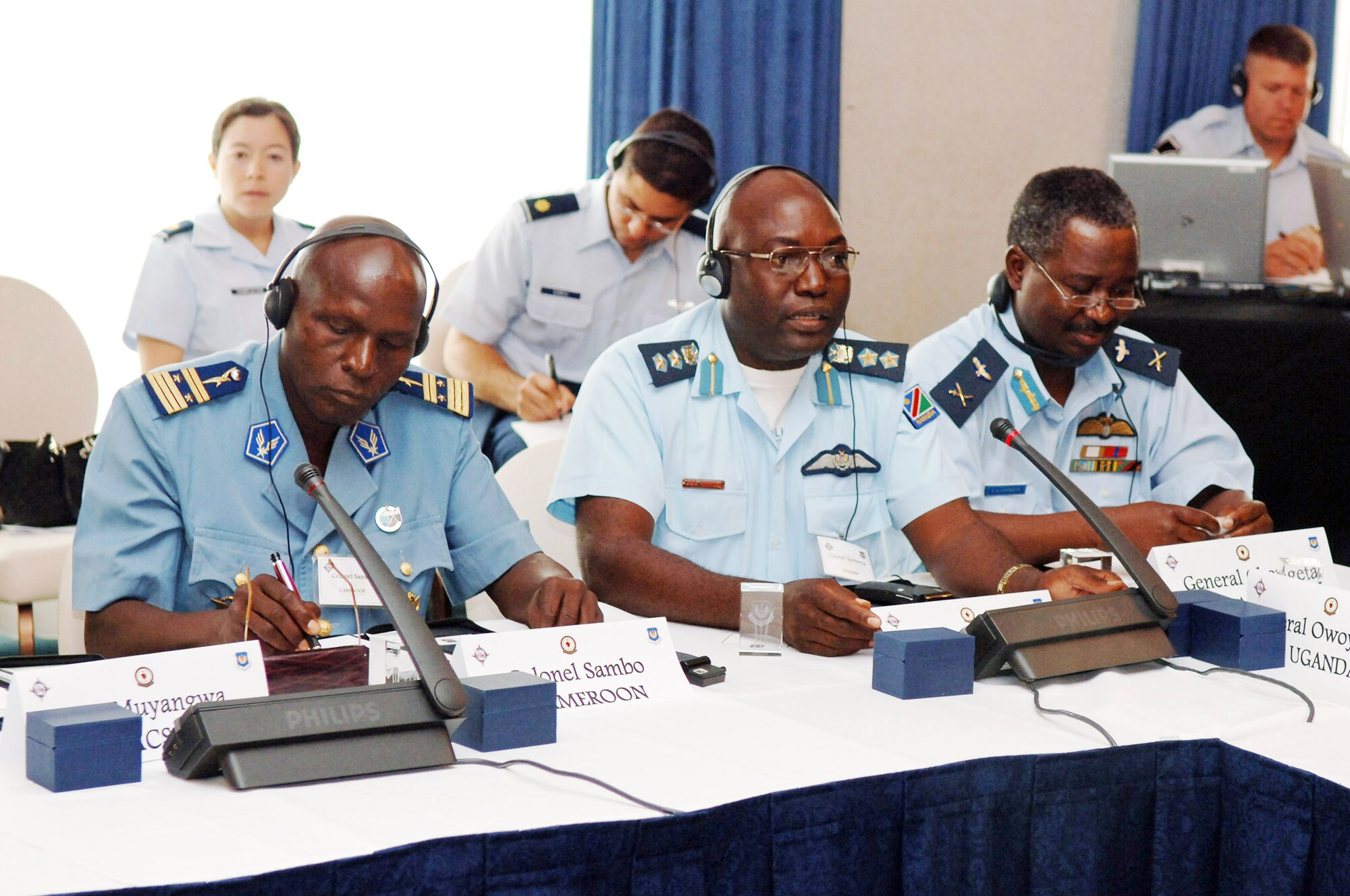 Deputy Air Commander Col. Paavo Kamanya (center) of the Namibian Air Force discusses issues involving African airpower during a panel discussion at the African Air Chiefs Conference May 23 at Ramstein Air Base, Germany. Leaders met to explore ways in which strategic partnerships and regional cooperation can improve air safety and security across the continent. (U.S. Air Force photo)