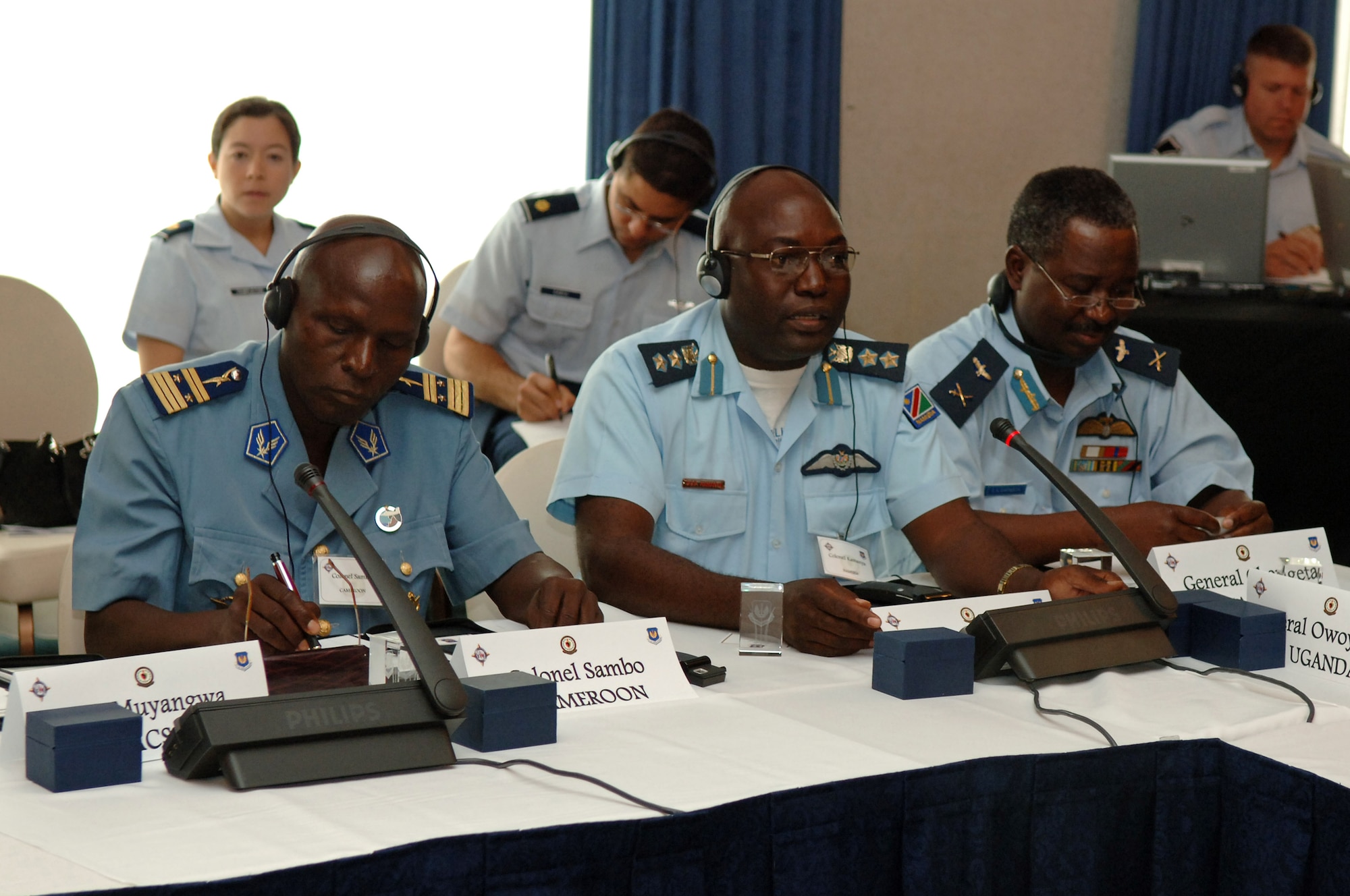 RAMSTEIN AIR BASE, GERMANY-- Colonel Paavo Kamanya, Deputy Air Commander of the Namibian Air Force, talks about issues involving African airpower during a panel discussion at the African Air Chiefs Conference held here this week.  The conference goal was to explore ways in which strategic partnerships and regional cooperation can improve sir safety and security across the continent.  

 

