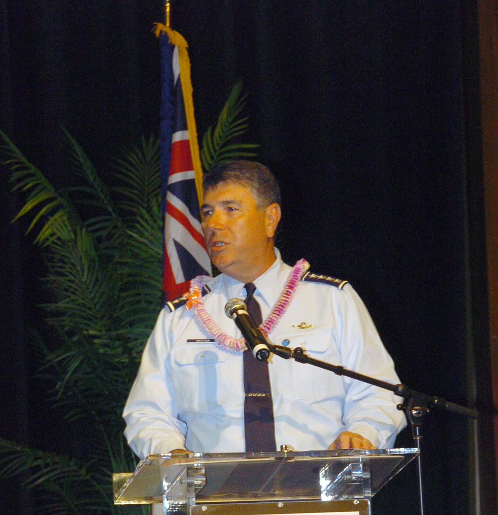 Gen. Paul V. Hester addresses members from each branch of service and local community, during the 22nd annual Military Recognition Luncheon May 24 at the Hilton Hawaiian Village in Honolulu. General Hester, the Pacific Air Forces commander, stressed the great impact local community support has on mission sucess, and the importance of observing Memorial Day. (U.S. Air Force photo/Angela Elbern)
