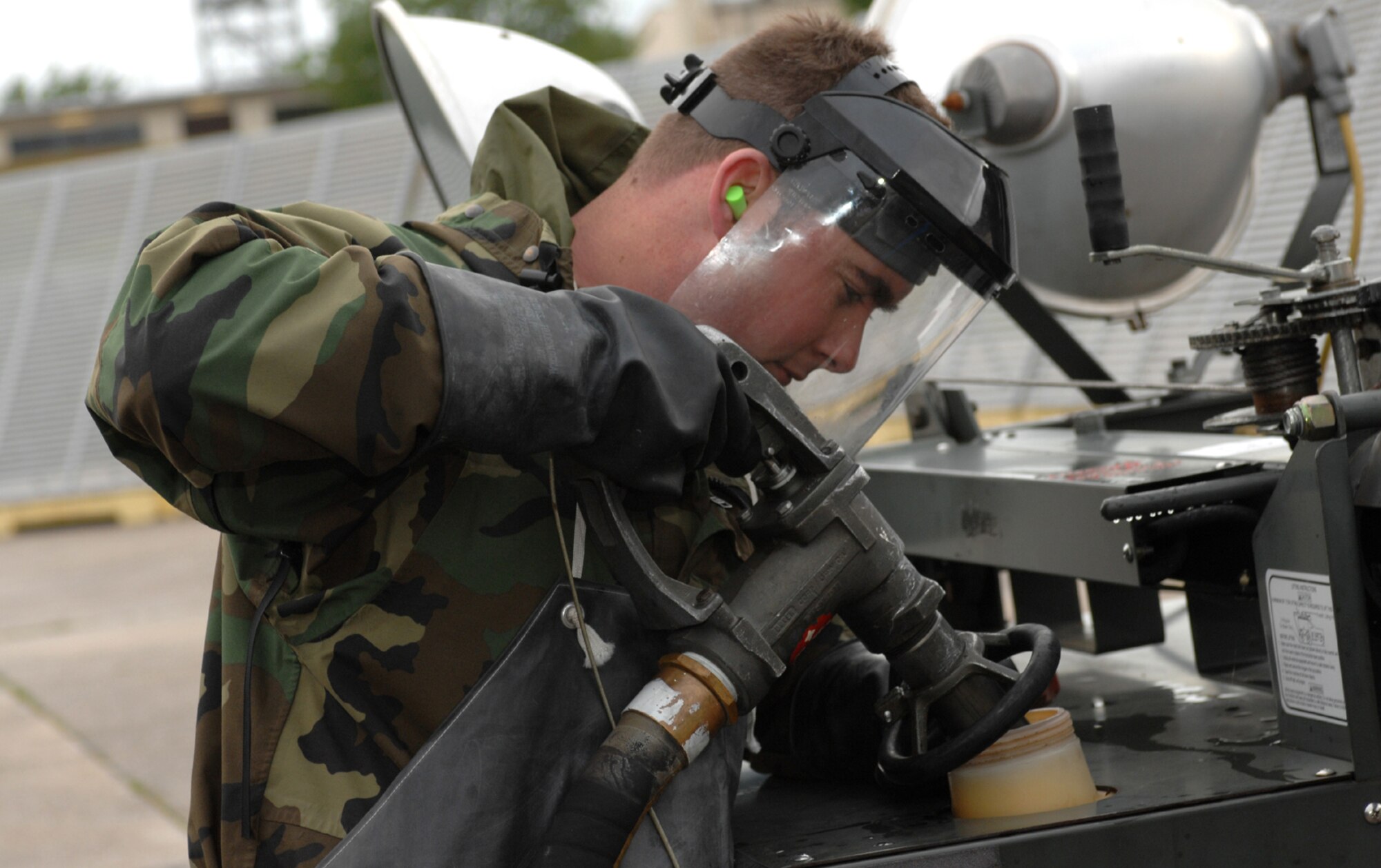 SPANGDAHLEM AIR BASE, GERMANY -- Senior Airman Steven Olberding of the 52nd Equipment Maintenance Squadron gasses a vehicle on the flightline during Exercise Saber Crown at Spangdahlem Air Base, Germany, May 15. (US Air Foce photo/Airman 1st Class Stephanie Clark)