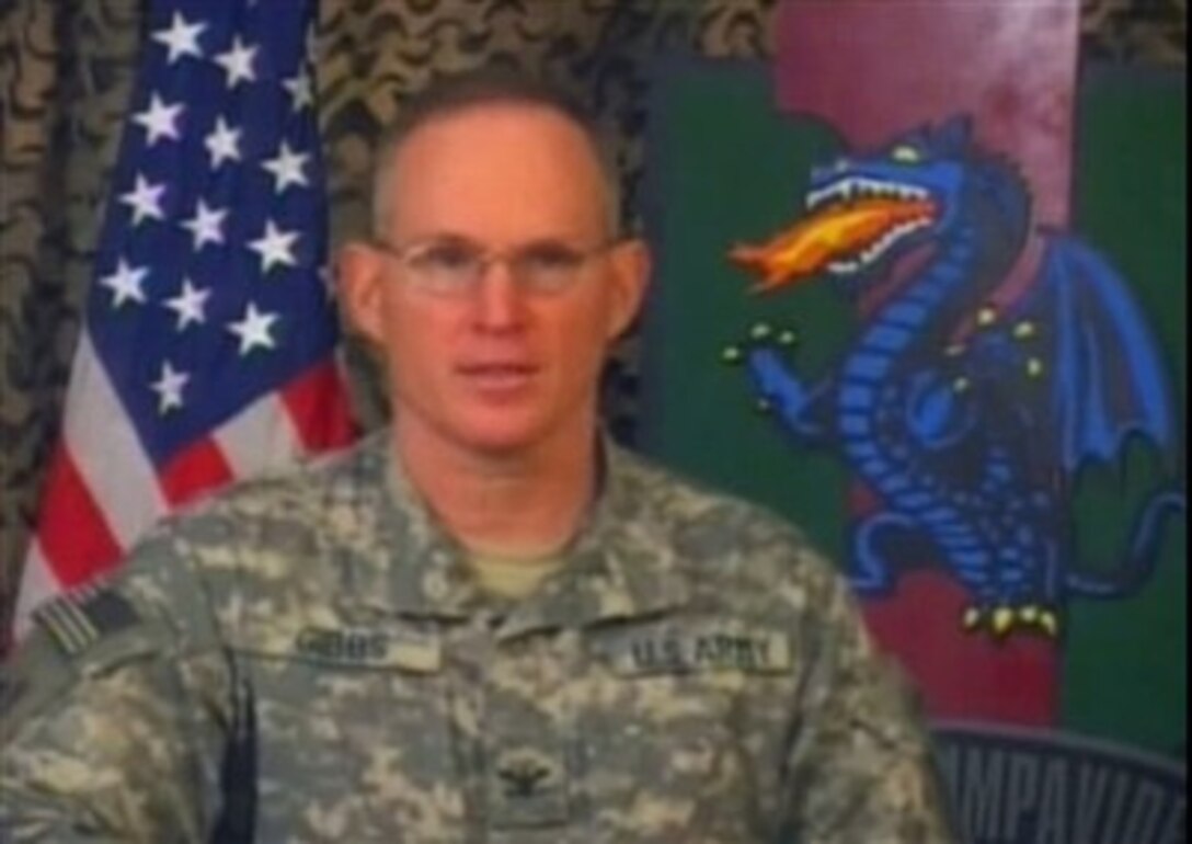 Col. Ricky Gibbs, Commander, 4th Brigade Combat Team, 1st Infantry Division, speaks via satellite with reporters at the Pentagon, providing an update on ongoing operations, May 25, 2007. 