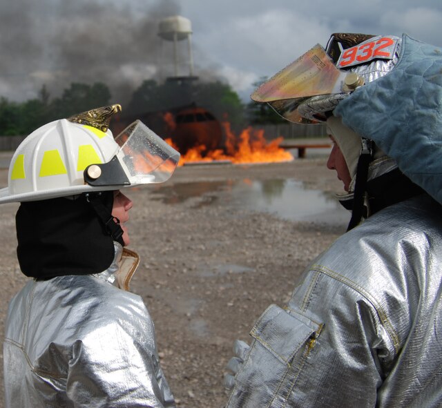 932nd Airlift Wing firefighters wait for the word to move at Scott Air Force Base.  The Reserve wing trained during a four day exercise.  Photo/Capt. Stan Paregien