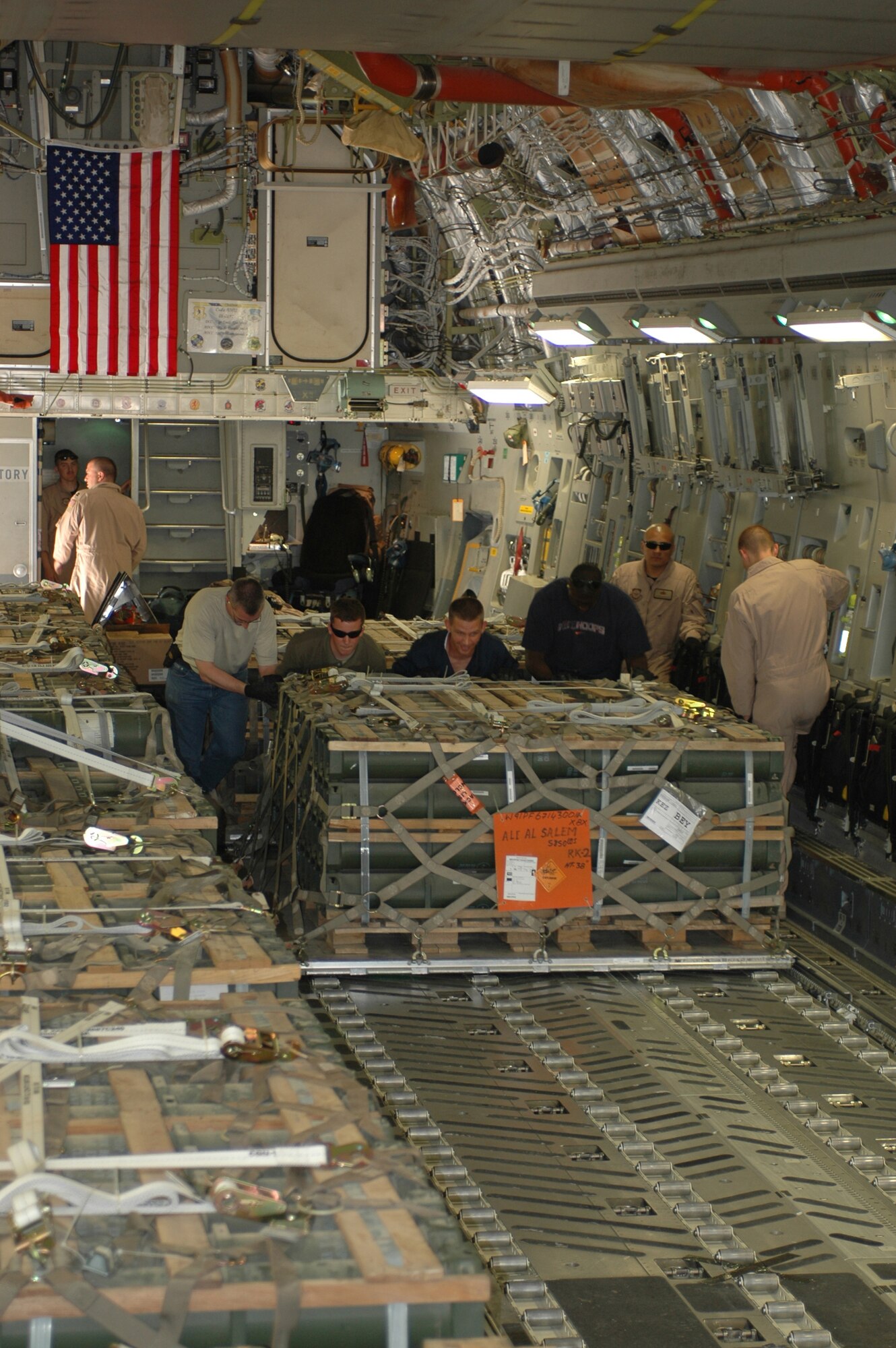 Airmen offload about 180 pallets of ammunition at Rafic Harari International Airport in Beirut, Lebanon. The C-17 Globemaster III is capable of rapid delivery of troops and cargo to any location worldwide. It’s the newest and most flexible airlift asset in the Air Force inventory. The 816th maintained operations in Iraq and Afghanistan while supporting the effort to re-supply the Lebanon Armed Forces from their strategic location in Southwest Asia. The squadron has flown about 850 sorties in May, to include the ammunition re-supply mission, cargo and passenger movement and Joint Precision Guided Air Drops. (U.S. Air Force photo/Capt. Teresa Sullivan)