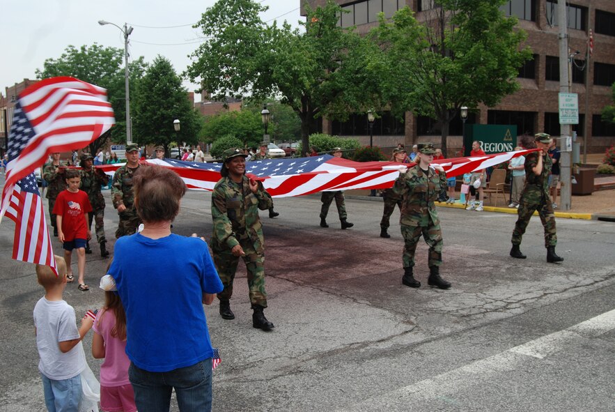 Members of the 932nd Airlift Wing approach the center of Belleville as they march in the 2007 Belleville Memorial Day parade.