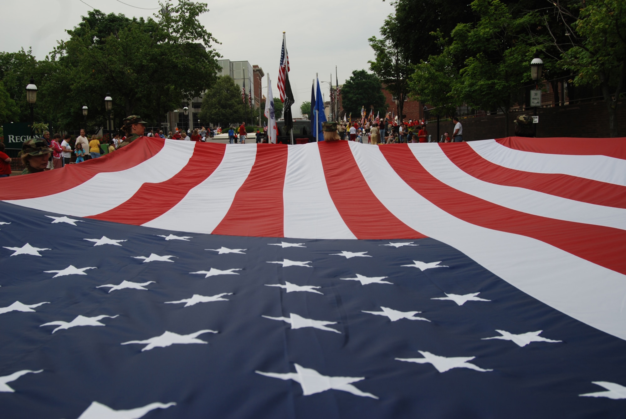 Members of the 932nd Airlift Wing approach the center of Belleville as they march in the 2007 Belleville Memorial Day parade.