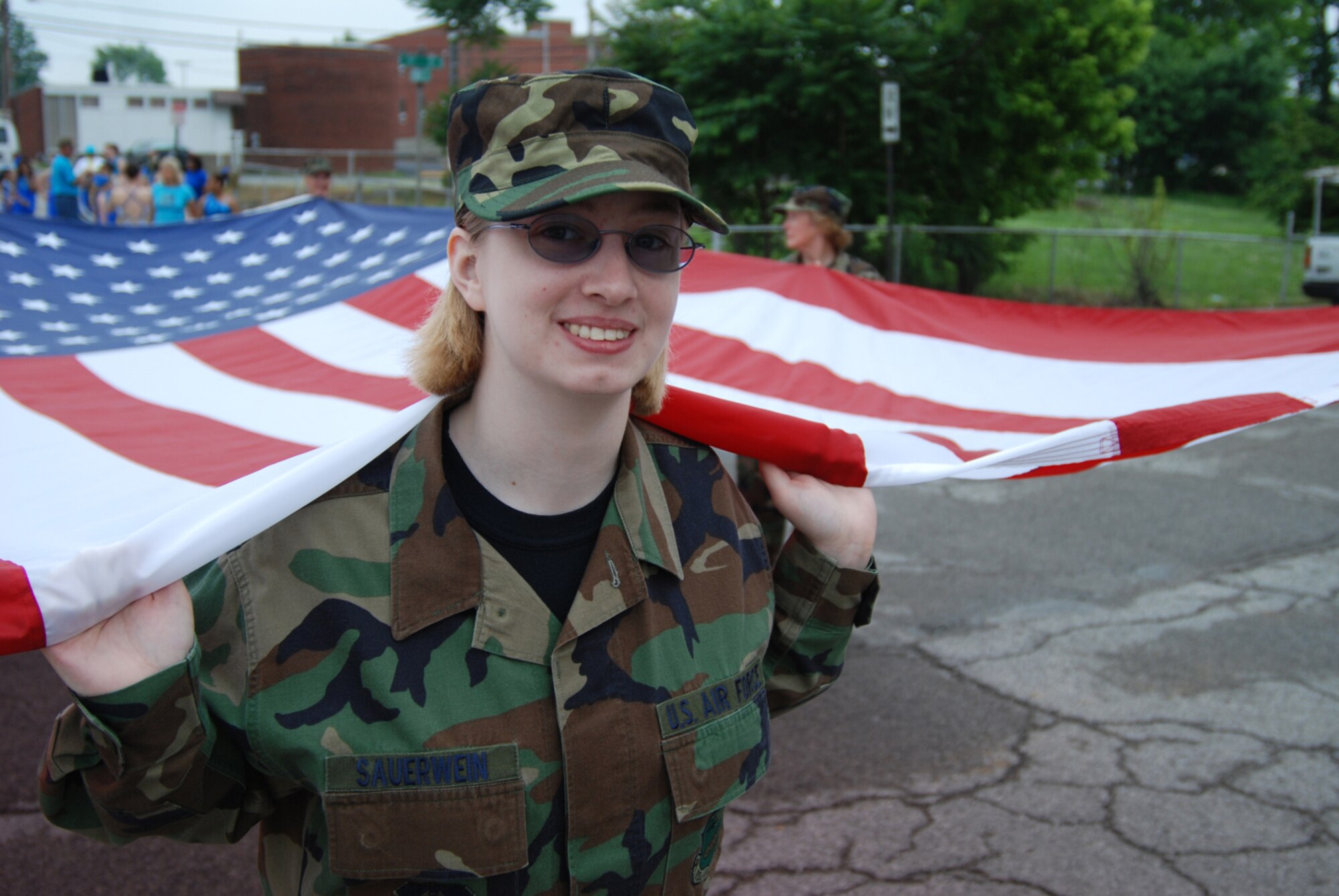 Airman 1st Class Jennifer Sauerwein of the 932nd Airlift Wing, prepares to march in the 2007 Belleville Memorial Day parade.