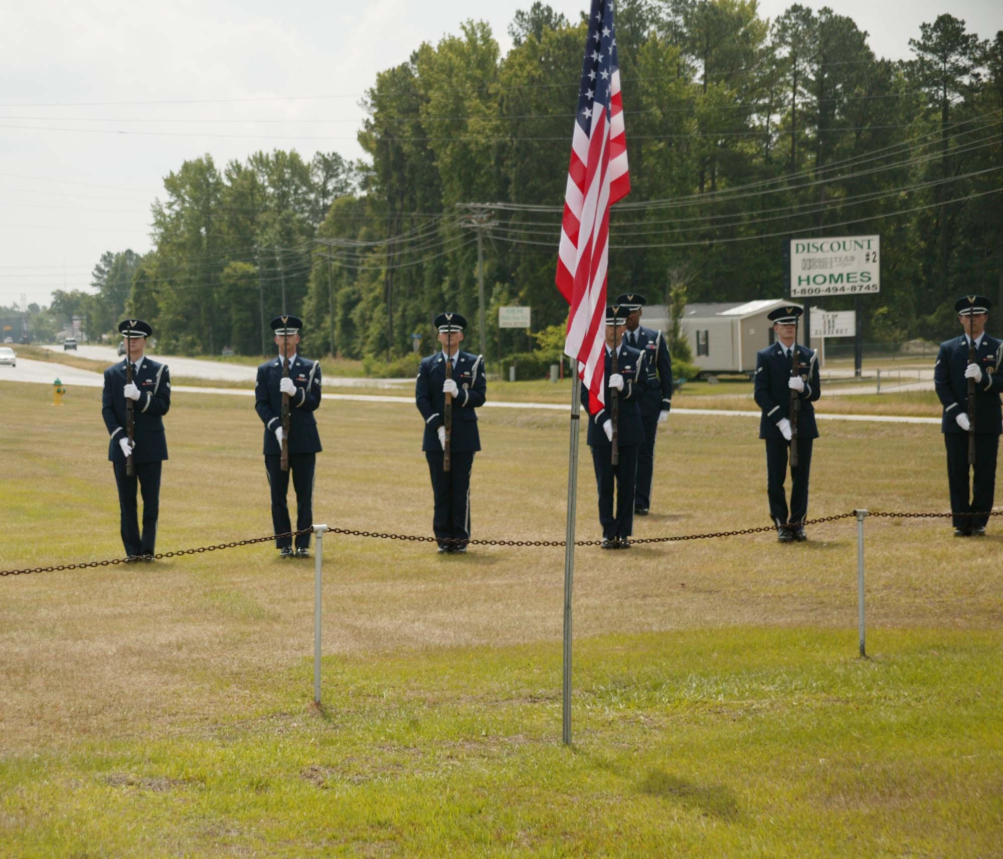 SUMTER, S.C. -- Shaw's Honor Guard renders a 21Gun Salute at the Sumter County Veterans Association Memorial Day Program at Mabry Park May 28. The program included a combination of Shaw members and community members. Colonel Byrne said in his speech, "Memorial Day is a day of opportunity to give thanks for all that we are blessed with. It should also be a day that we rededicate ourselves to our country and to American's living veterans and their families." (U.S. Air Force photo by Kimberly Champagne)