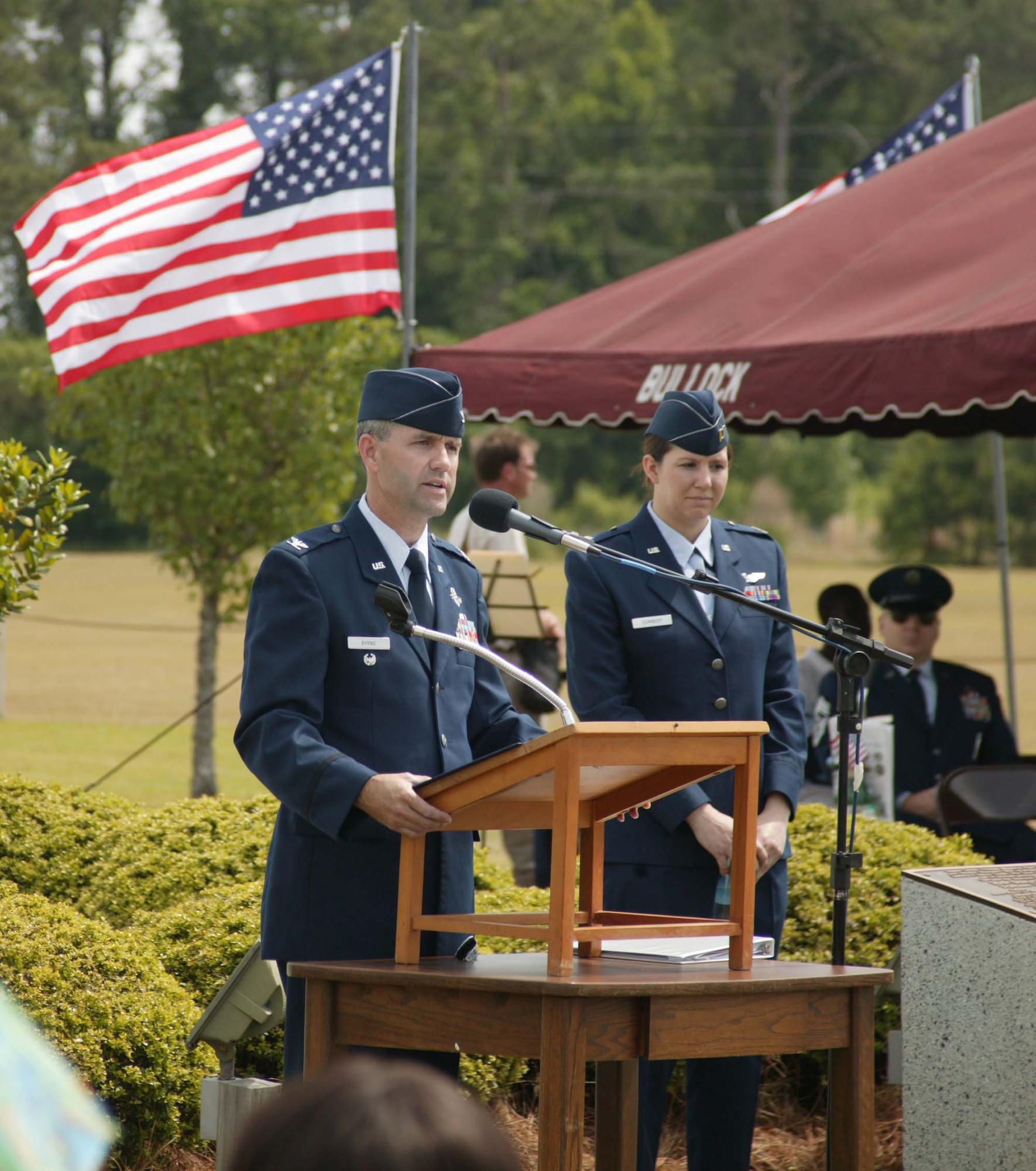 SUMTER, S.C. -- Colonel Michael Byrne, 20th Fighter Wing vice commander was the keynote speaker and Capt. Betsy Dombert, 79th Fighter Squadron pilot was the mistress of ceremonies at the Sumter County Veterans Association Memorial Day Program at Mabry Park May 28. The program included a combination of Shaw members and community members. Colonel Byrne said in his speech, "Memorial Day is a day of opportunity to give thanks for all that we are blessed with. It should also be a day that we rededicate ourselves to our country and to American's living veterans and their families." (U.S. Air Force photo by Kimberly Champagne)
