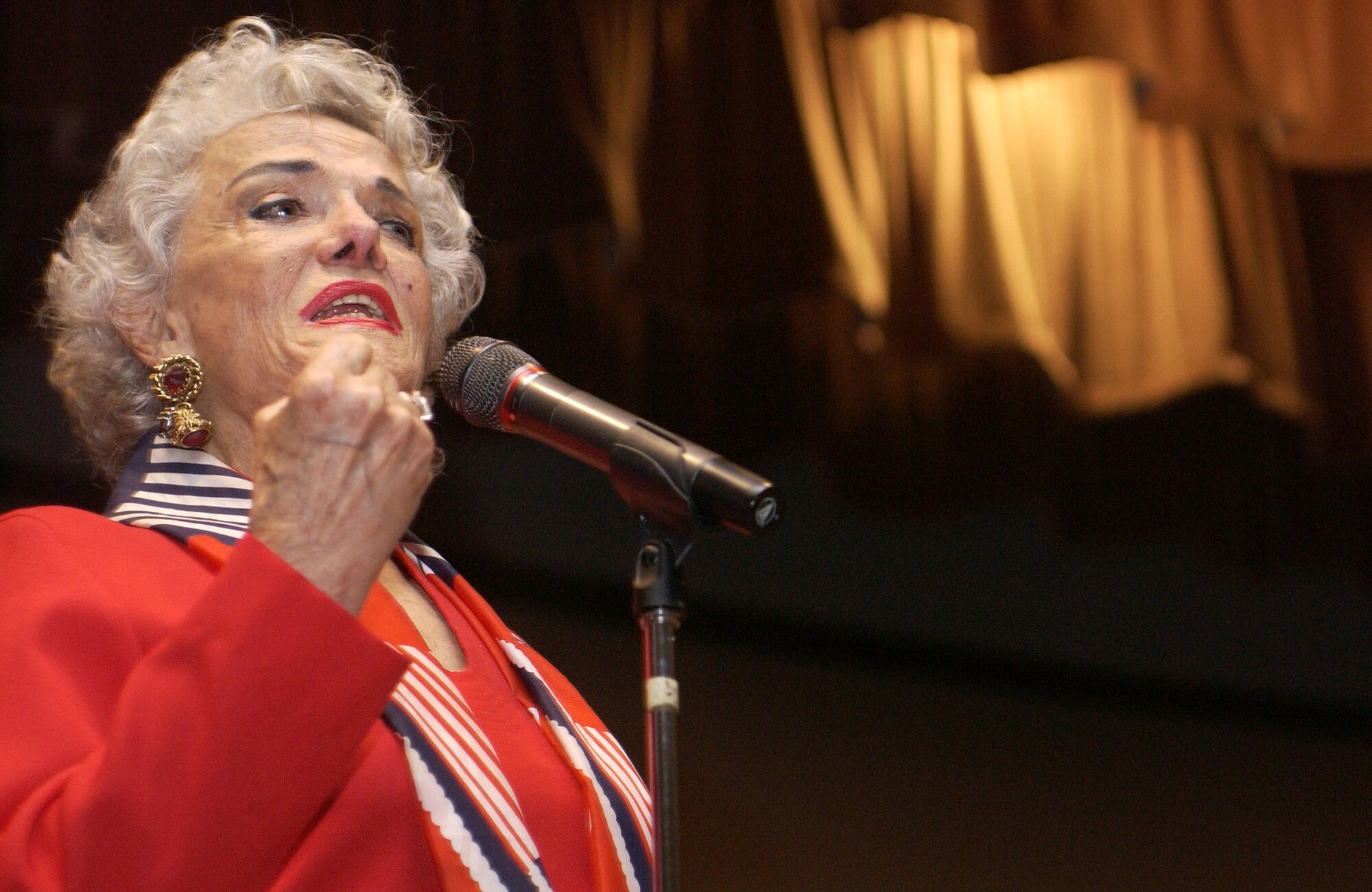 Actress, Jane Russell, performs during the Lompoc POPS Orchestra during the 2007 Memorial Day Military Appreciation Concert at Vandenberg Air Force Base, Calif., on May 28. Jane Russell is best known for films such as "Gentlemen Prefer Blondes", opposite Marilyn Monroe and the comedy "Double Dynamite" opposite Frank Sinatra.  (U.S. Air Force photo by Senior Airman Kristi Emler)