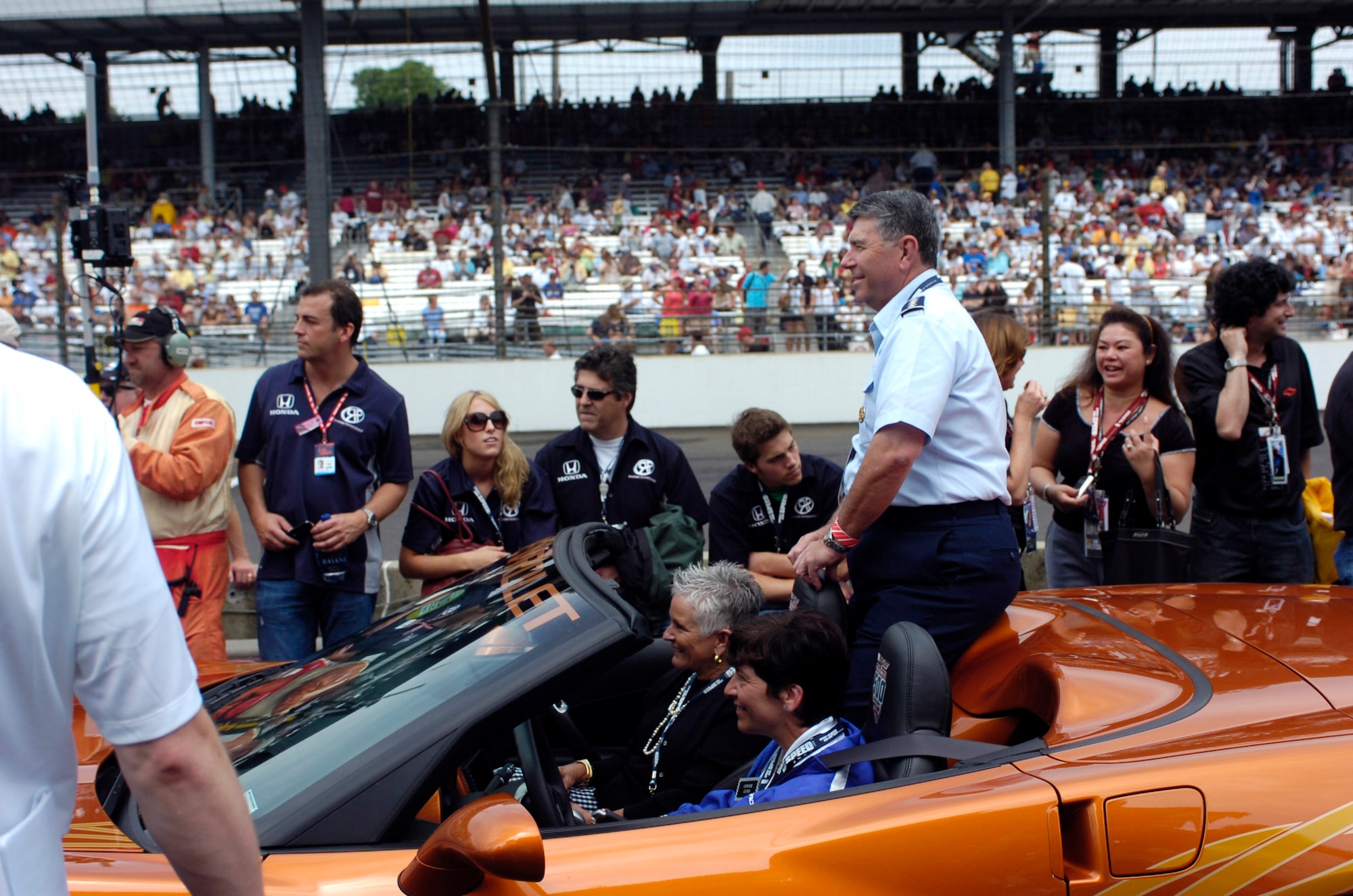 Gen. Paul V. Hester takes a lap in one of the Indianapolis 500 official pace cars during pre-race activities May 27 in Indianapolis. The Chevrolet Corvette convertible was the official pace car of the 91st Indianapolis 500. General Hester is commander of Pacific Air Forces. (U.S. Air Force photo)