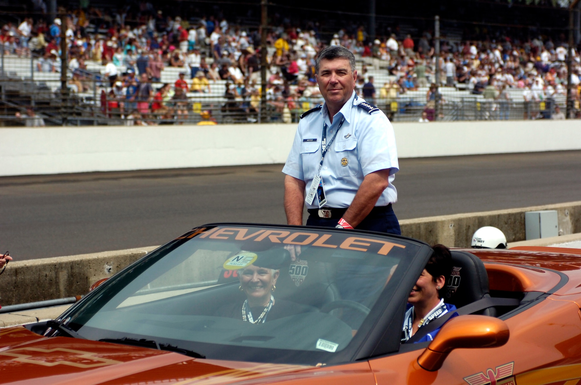 Gen. Paul V. Hester takes a lap in one of the Indianapolis 500 official pace cars during pre-race activities May 27 in Indianapolis. The Chevrolet Corvette convertible was the official pace car of the 91st Indianapolis 500. General Hester is commander of Pacific Air Forces. (U.S. Air Force photo)
