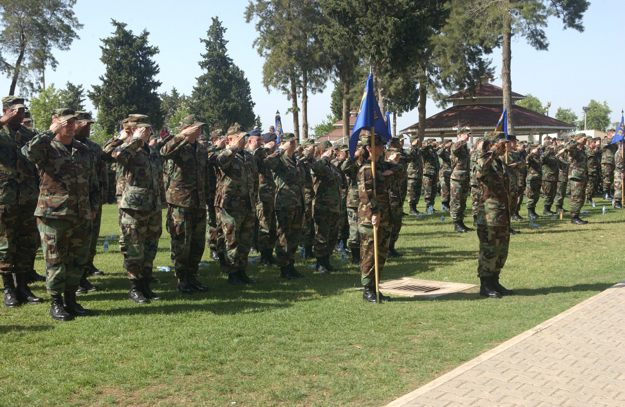 Members of the 39th Air Base Wing salute the flag during the Memorial Day formal retreat ceremony May 25.  The ceremony was held to honor fallen military members. (U.S. Air Force photo by Airman 1st Class Tiffany Colburn)                               
