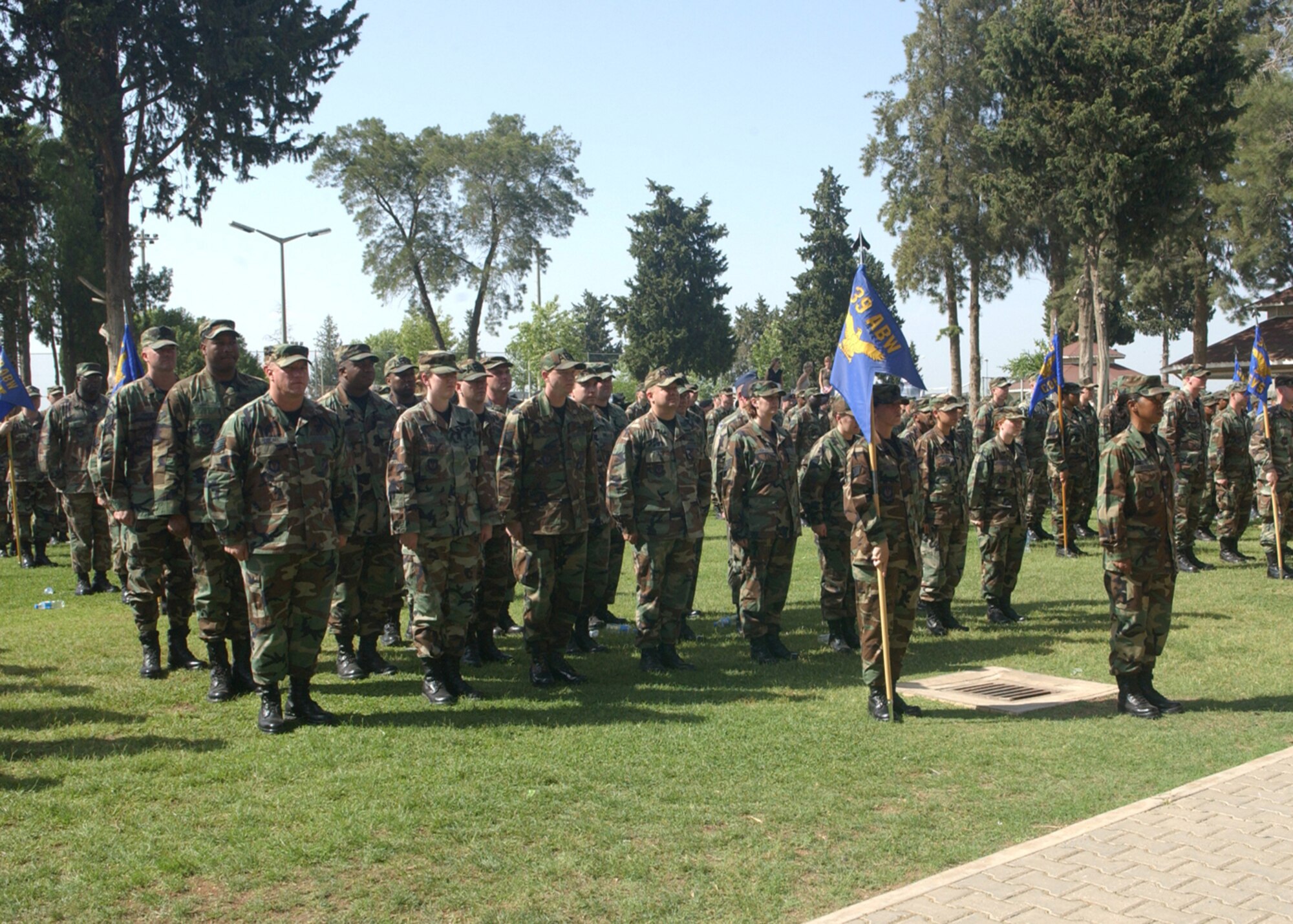 Members of the 39th Air Base Wing form up for the Memorial Day formal retreat ceremony May 25.  The ceremony was held to honor fallen military members. (U.S. Air Force photo by Airman 1st Class Tiffany Colburn)